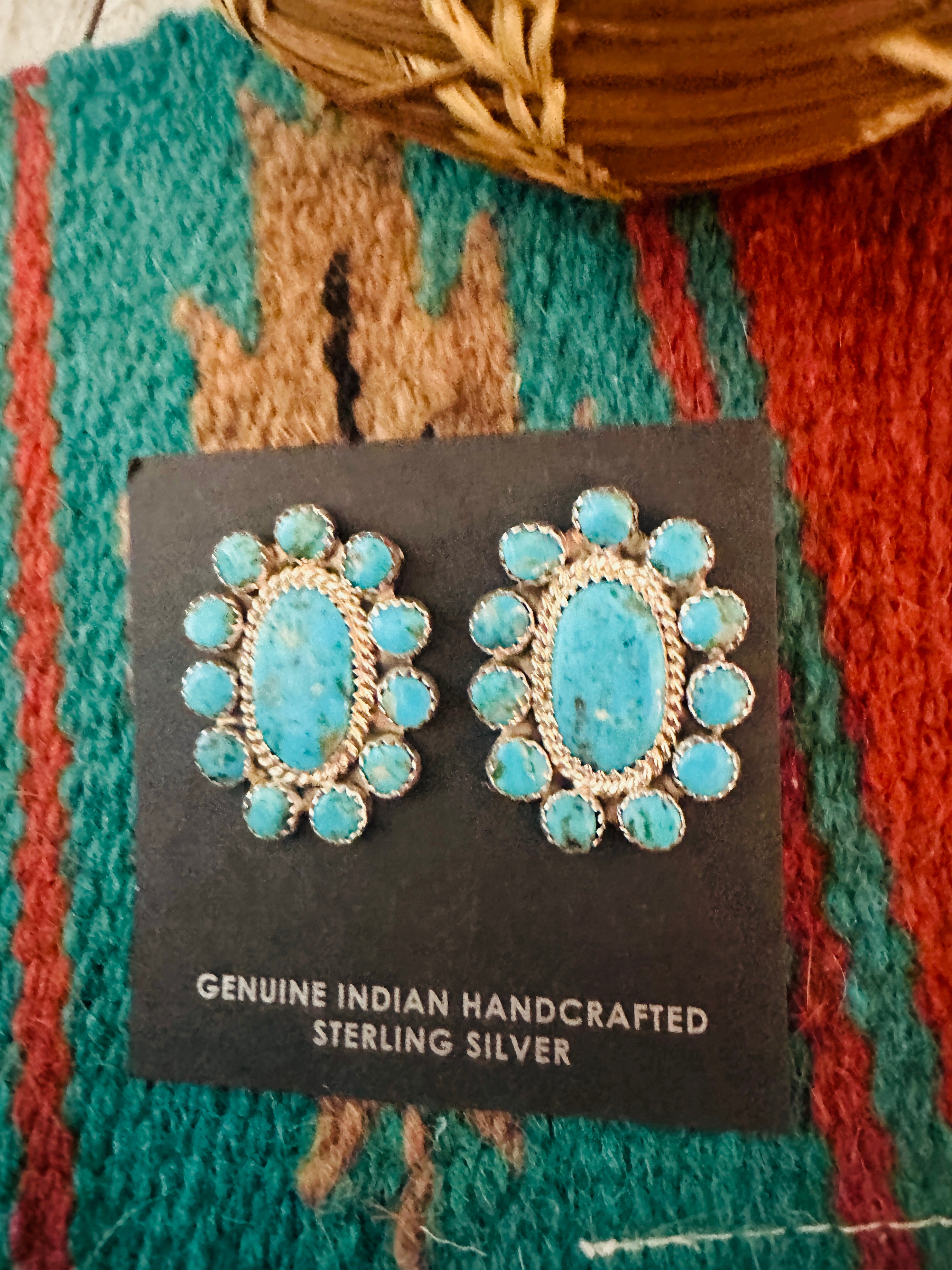 Navajo Sterling Silver & Kingman Turquoise Cluster Post Earrings