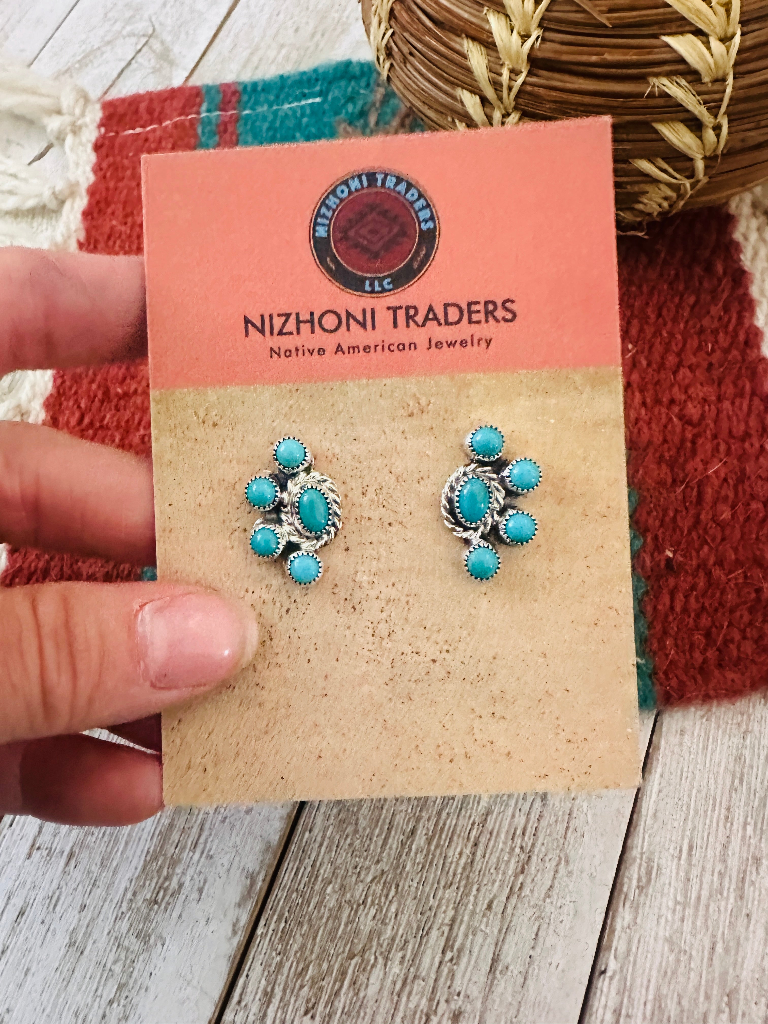 Handcrafted Turquoise & Sterling Silver Cluster Post Earrings