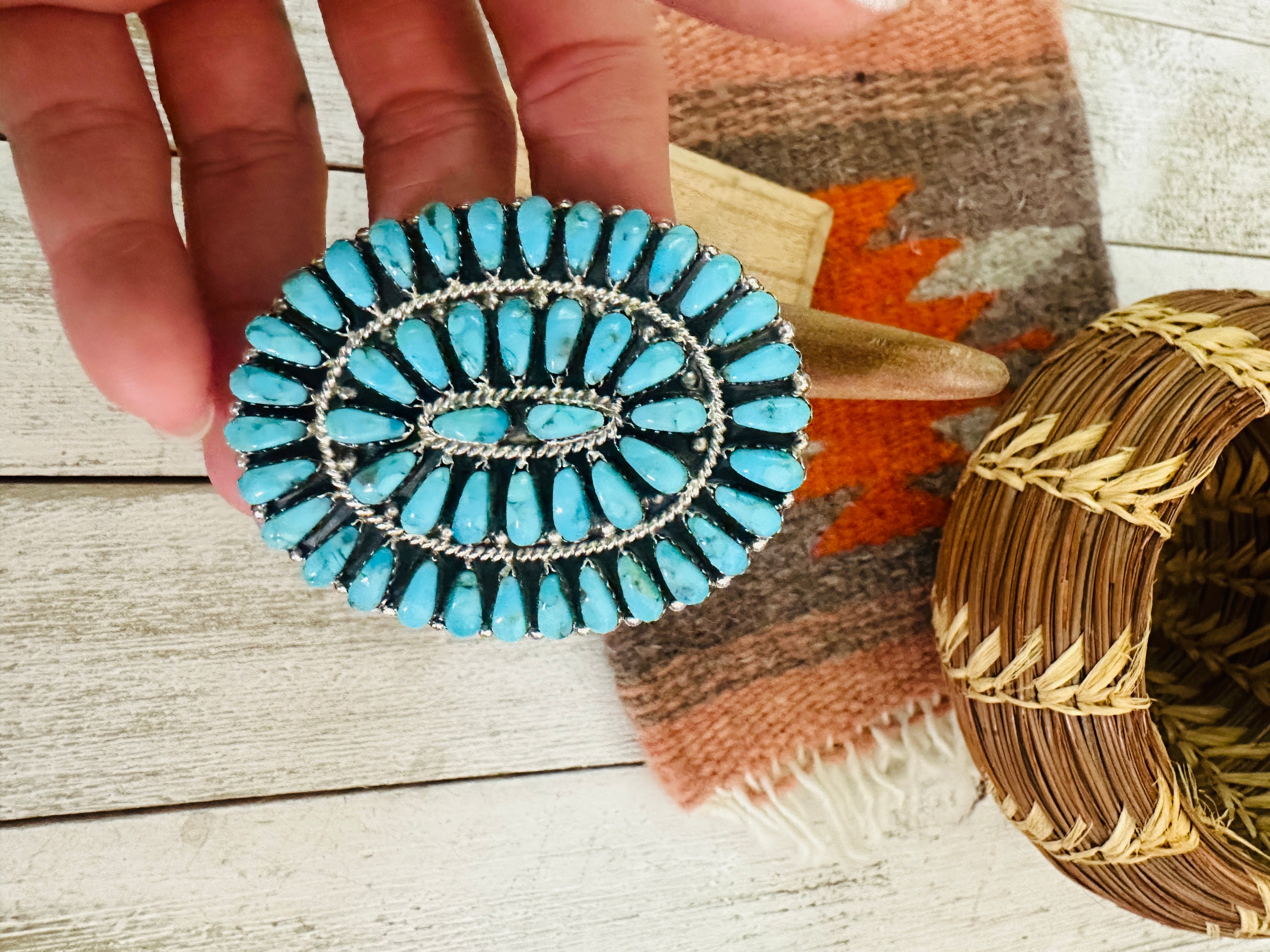 Navajo Turquoise & Sterling Silver Cluster Adjustable Ring