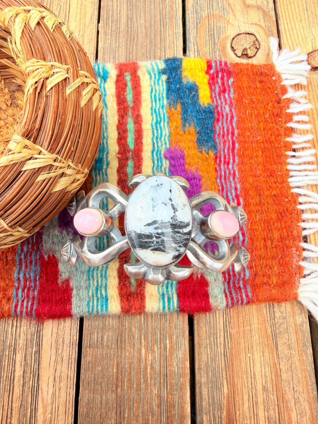 Handcrafted White Buffalo, Queen Pink & Sterling Silver Cuff Bracelet By Chimney Butte
