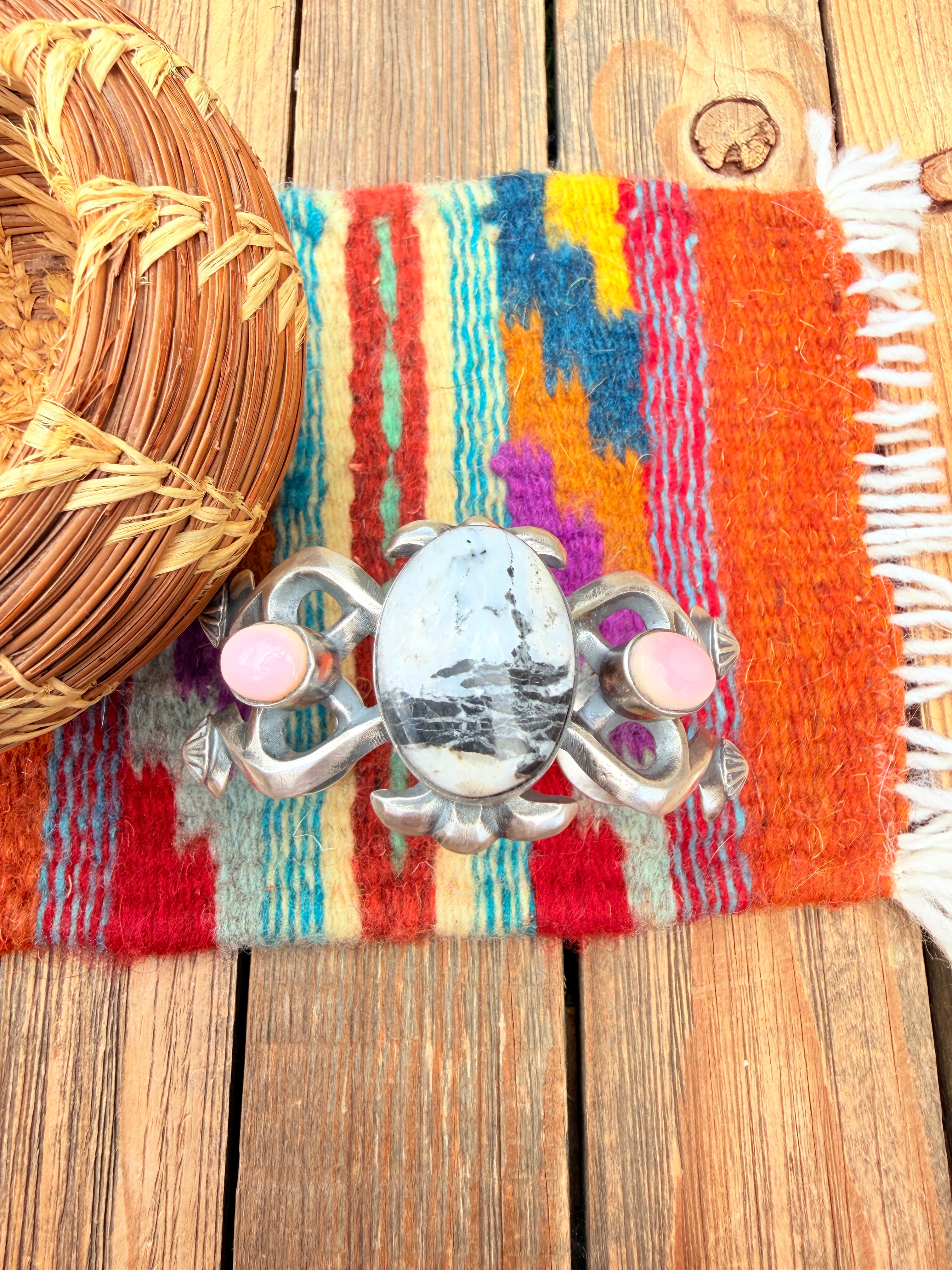 Handcrafted White Buffalo, Queen Pink & Sterling Silver Cuff Bracelet By Chimney Butte
