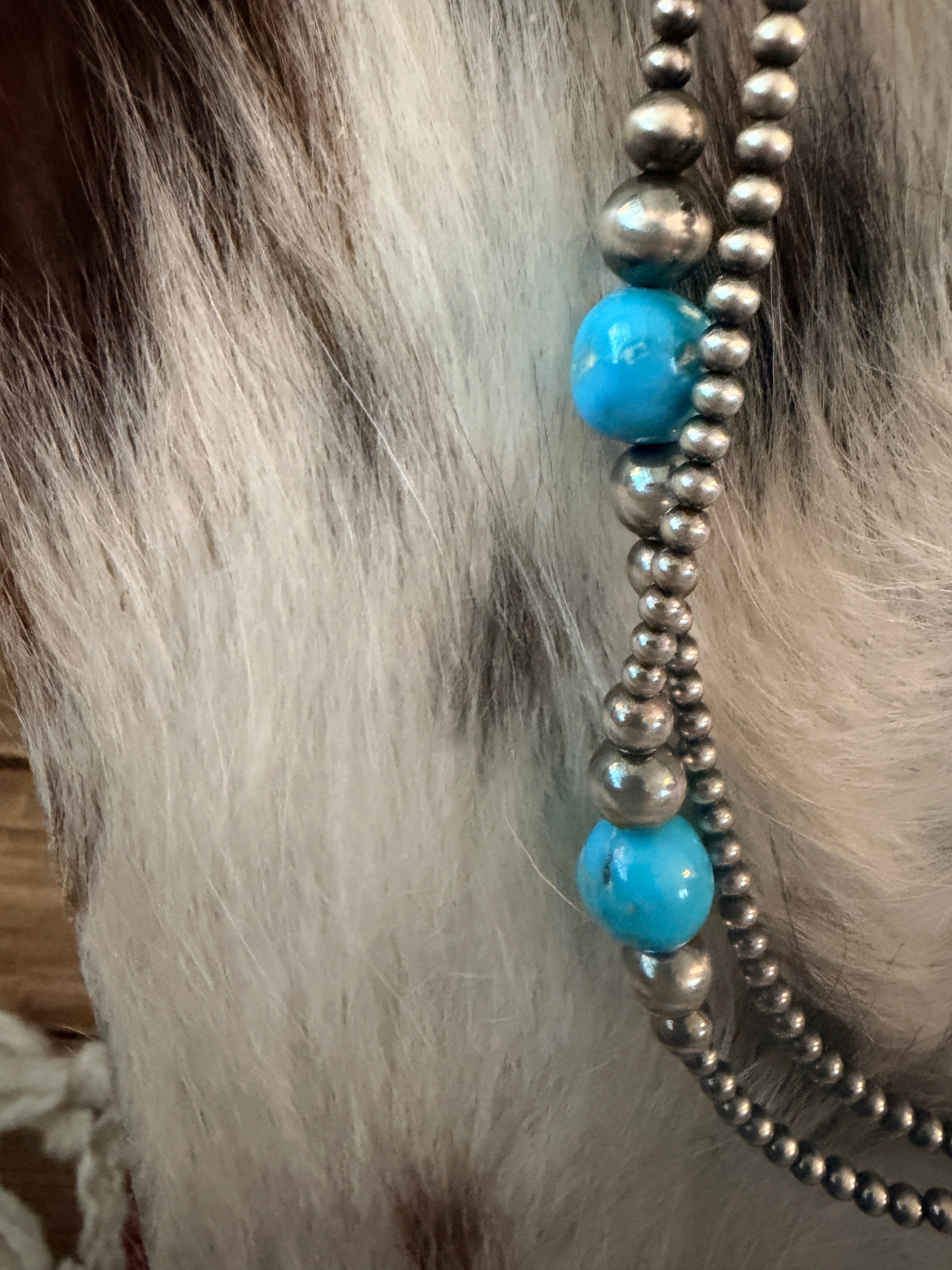 Handcrafted Turquoise & Sterling Silver Pearl Beaded 40” Necklace