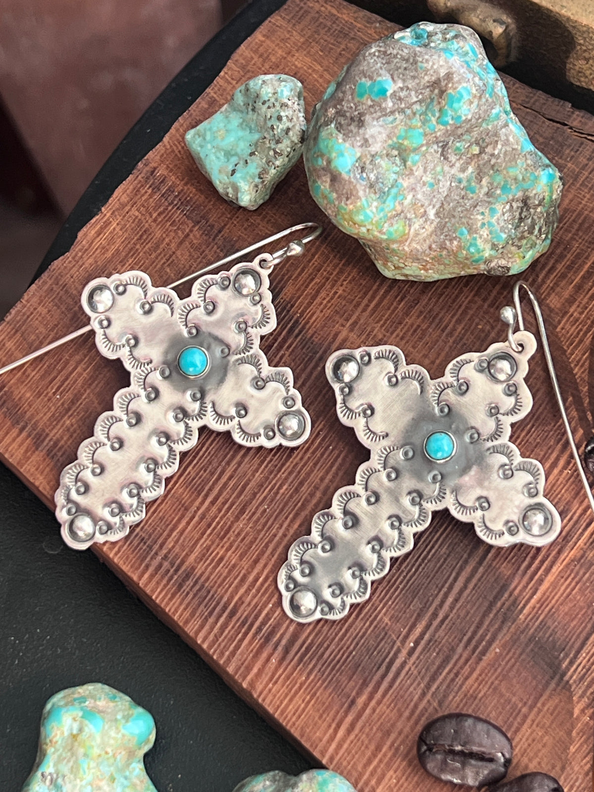 Hand Stamped Scalloped Sterling Silver Cross Dangle Earrings with Kingman Turquoise by Kimari Somers