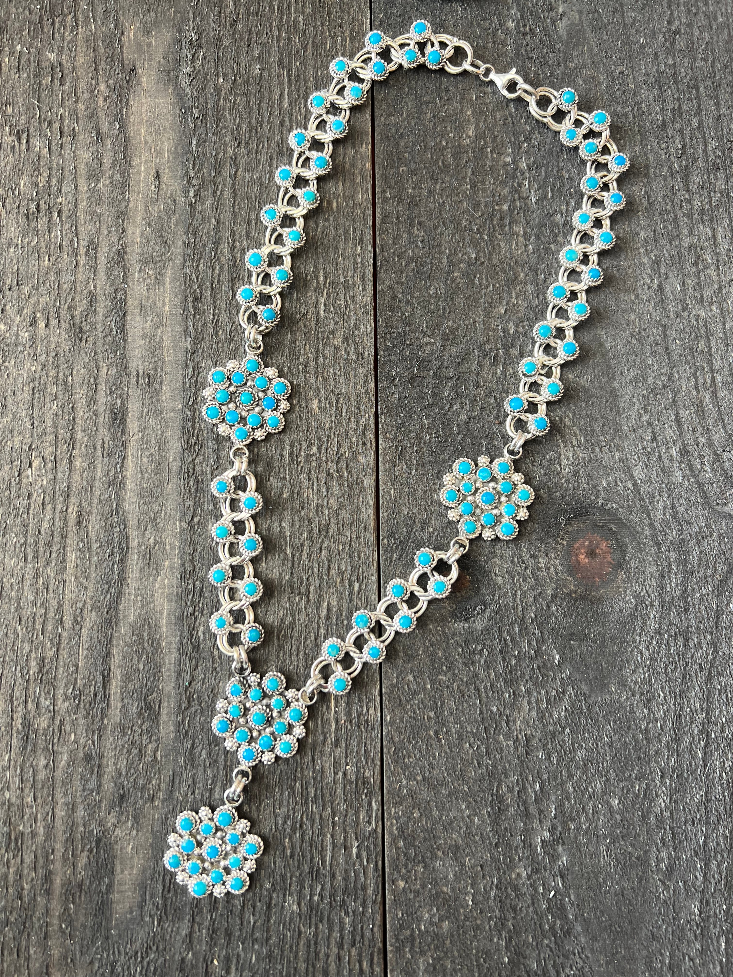 Handcrafted Sterling and Snake Eye Turquoise Link and Cluster Necklace by Dillon Cheama