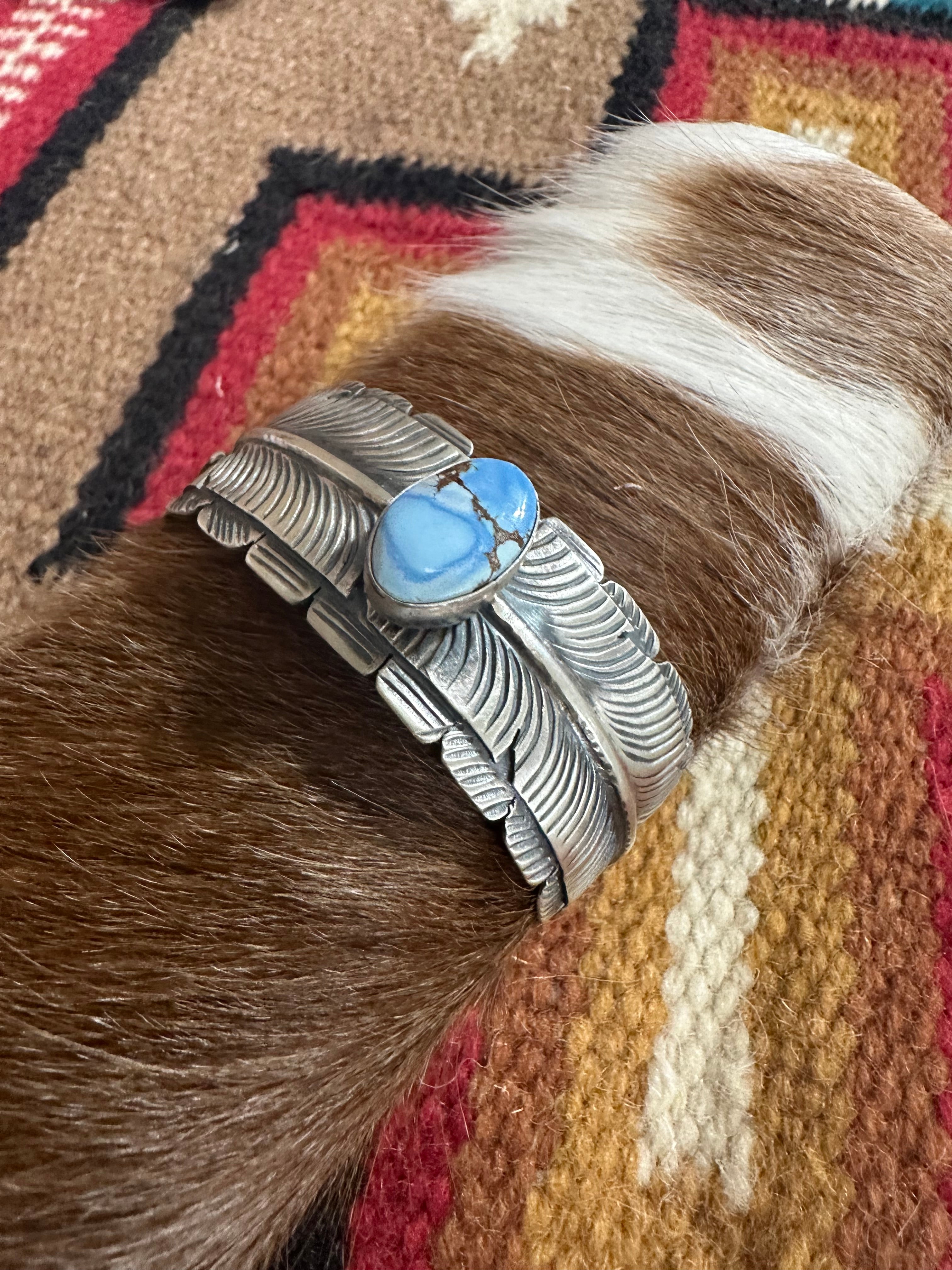 Navajo Golden Hill Turquoise & Sterling Silver Cuff Bracelet Signed KM