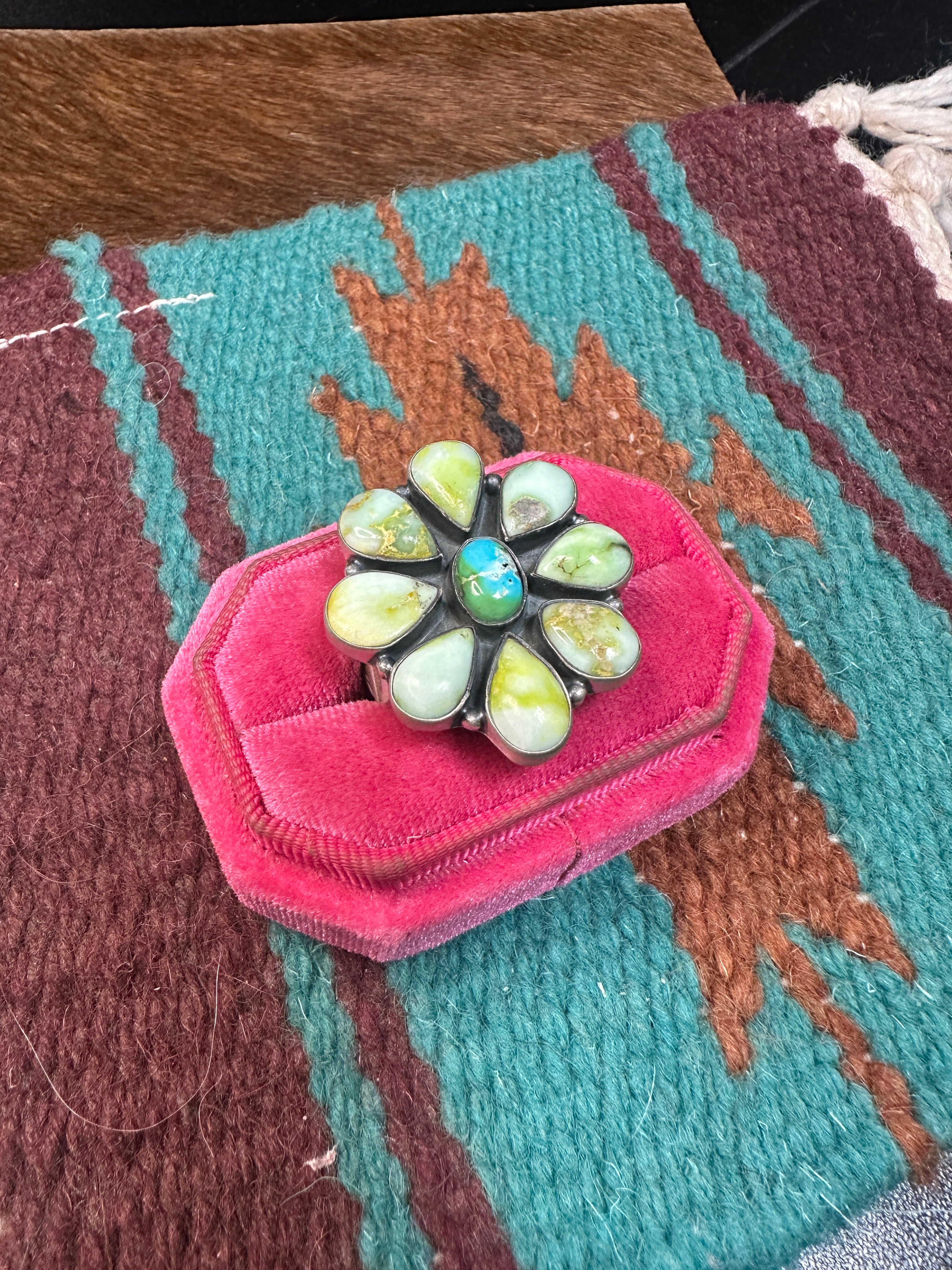 Nizhoni Handmade Palomino Turquoise, Sonoran Mountain Turquoise Sterling Silver Flower Cluster Ring