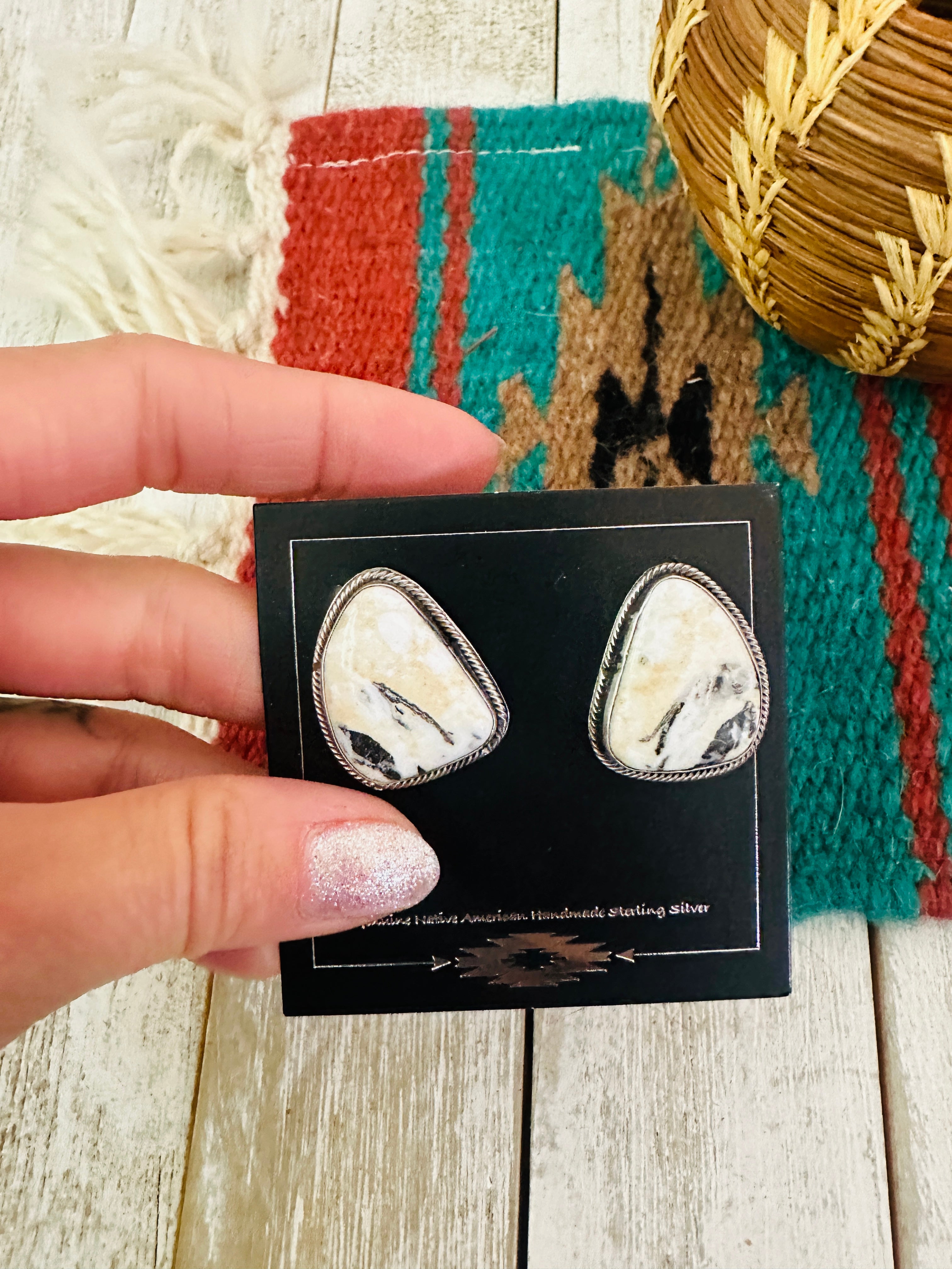 Navajo White Buffalo & Sterling Silver Post Earrings