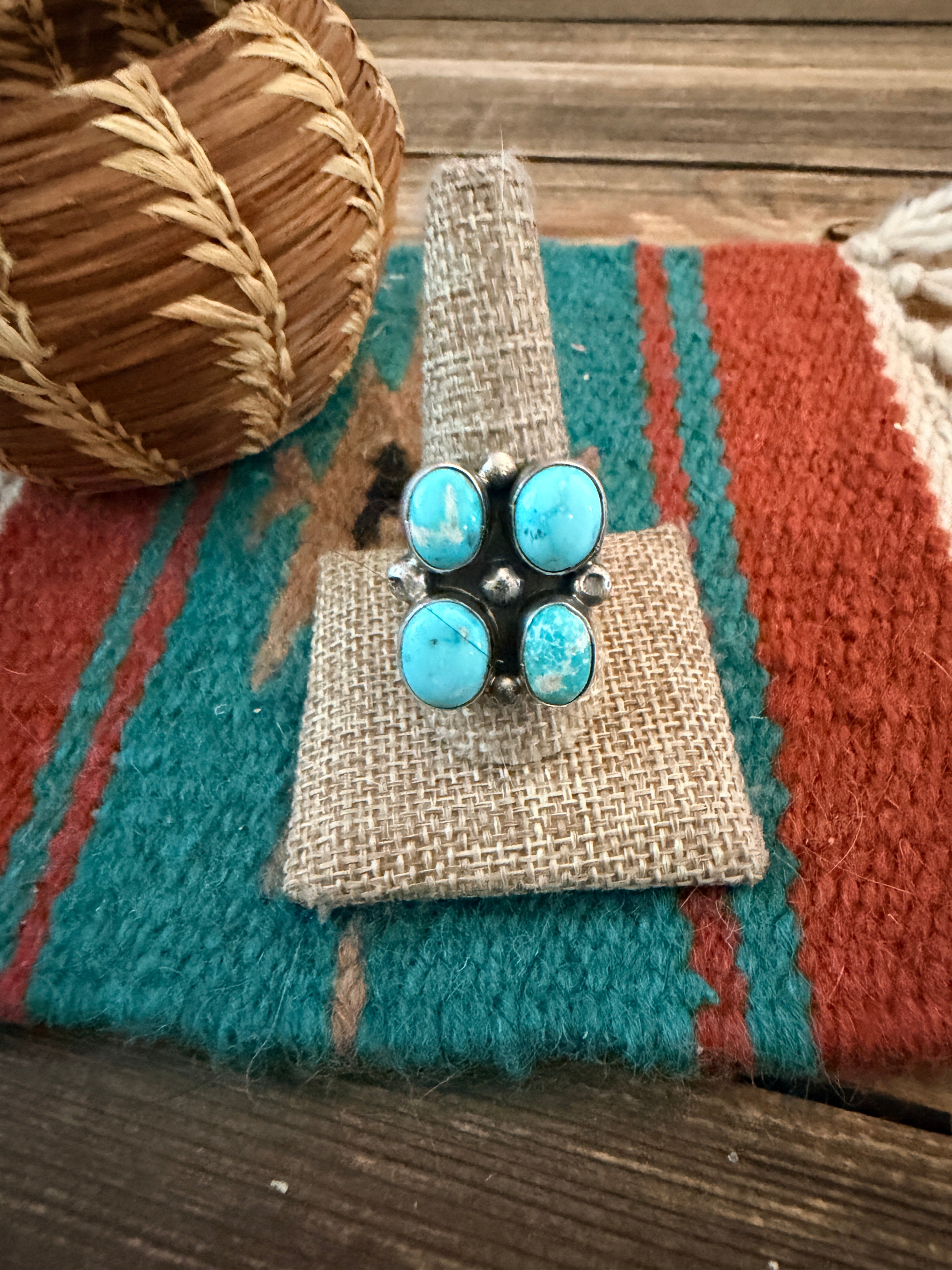 Handcrafted Turquoise & Sterling Silver Cluster Adjustable Ring