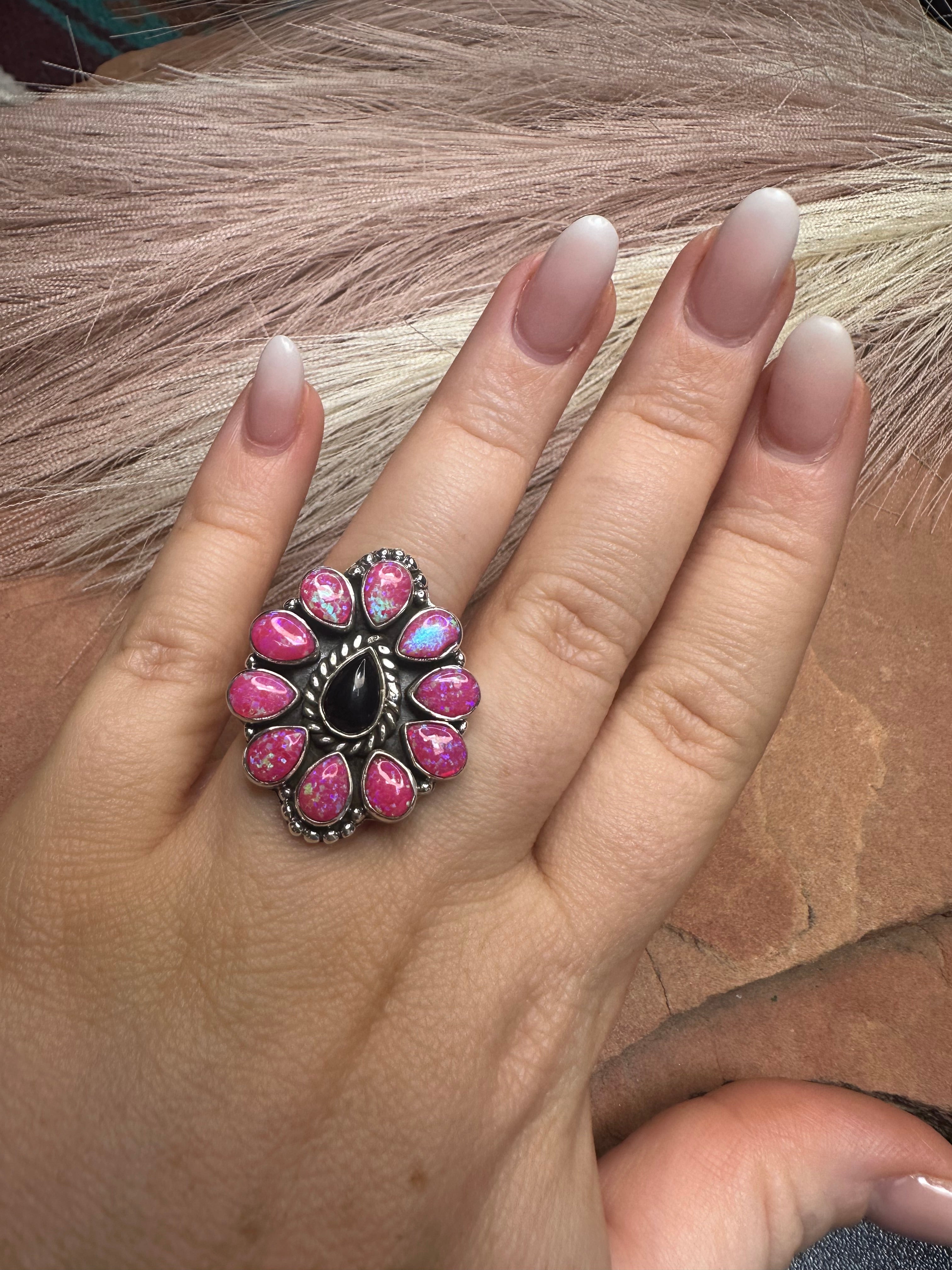 Beautiful Handmade Onyx, Pink Fire Opal And Sterling Silver Adjustable Ring