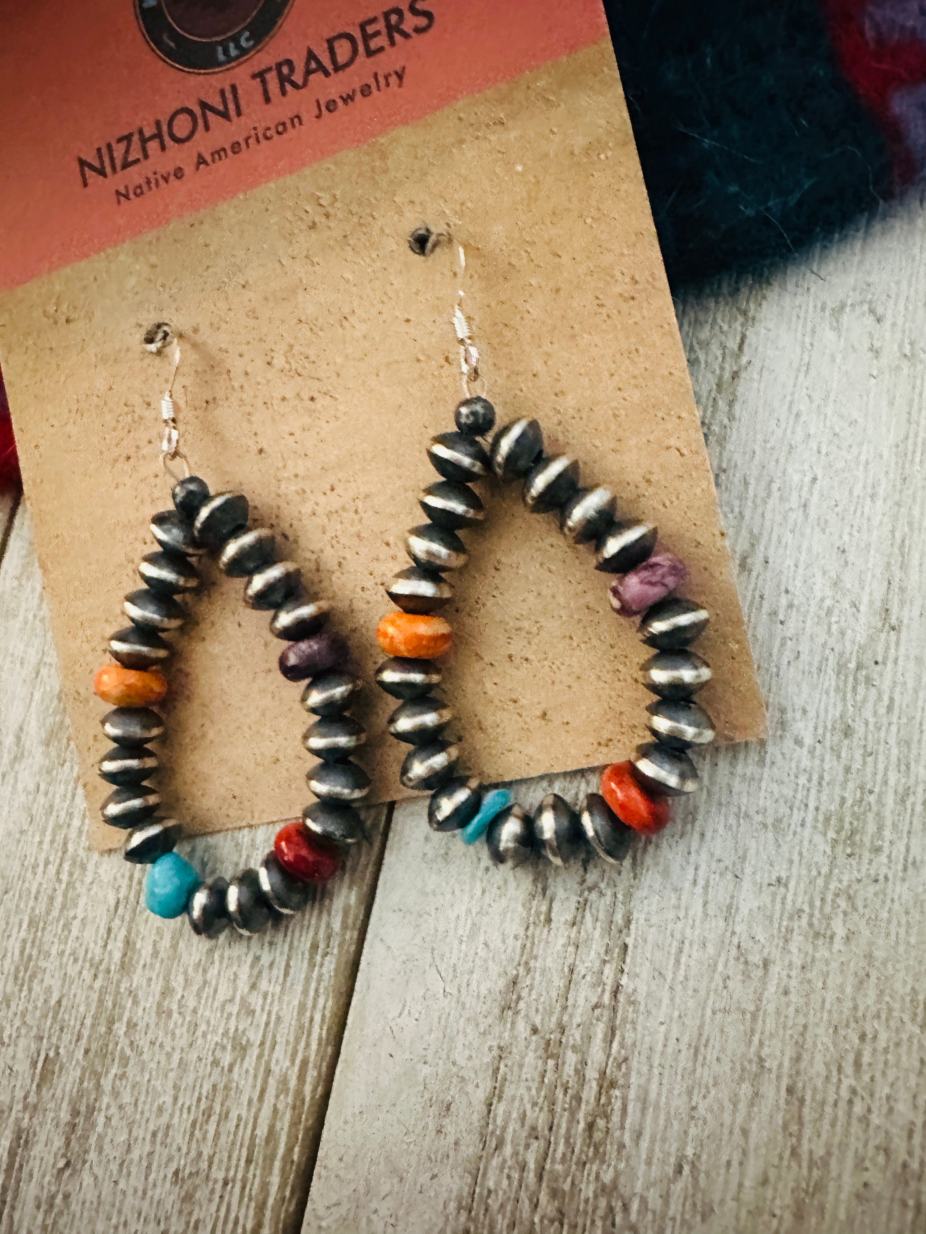 Navajo Multi Stone & Sterling Silver Beaded Hoop Earrings