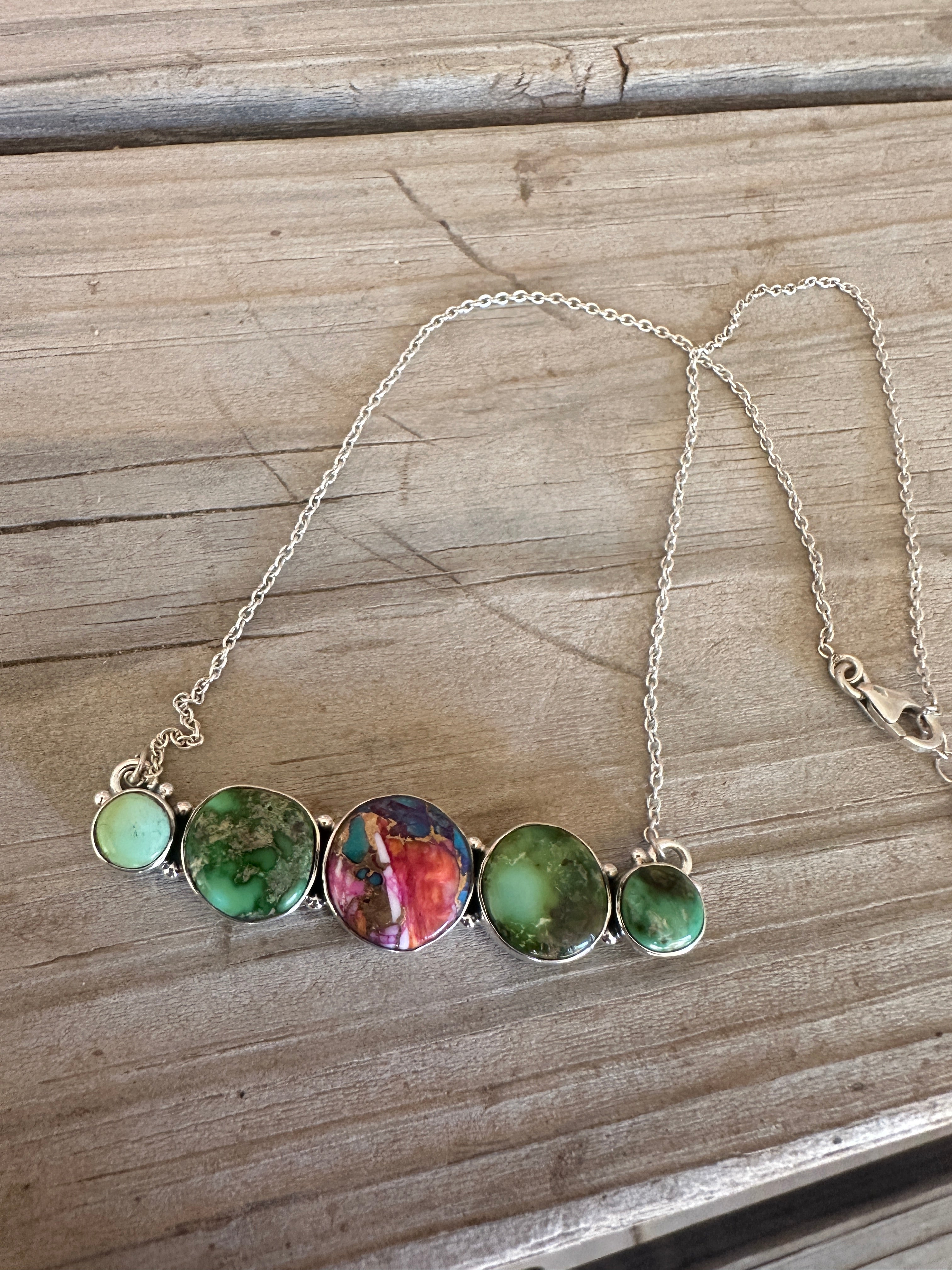 Beautiful Handmade Sterling Silver, Pink Dream Mojave, Sonoran Turquoise 5 Stone Necklace