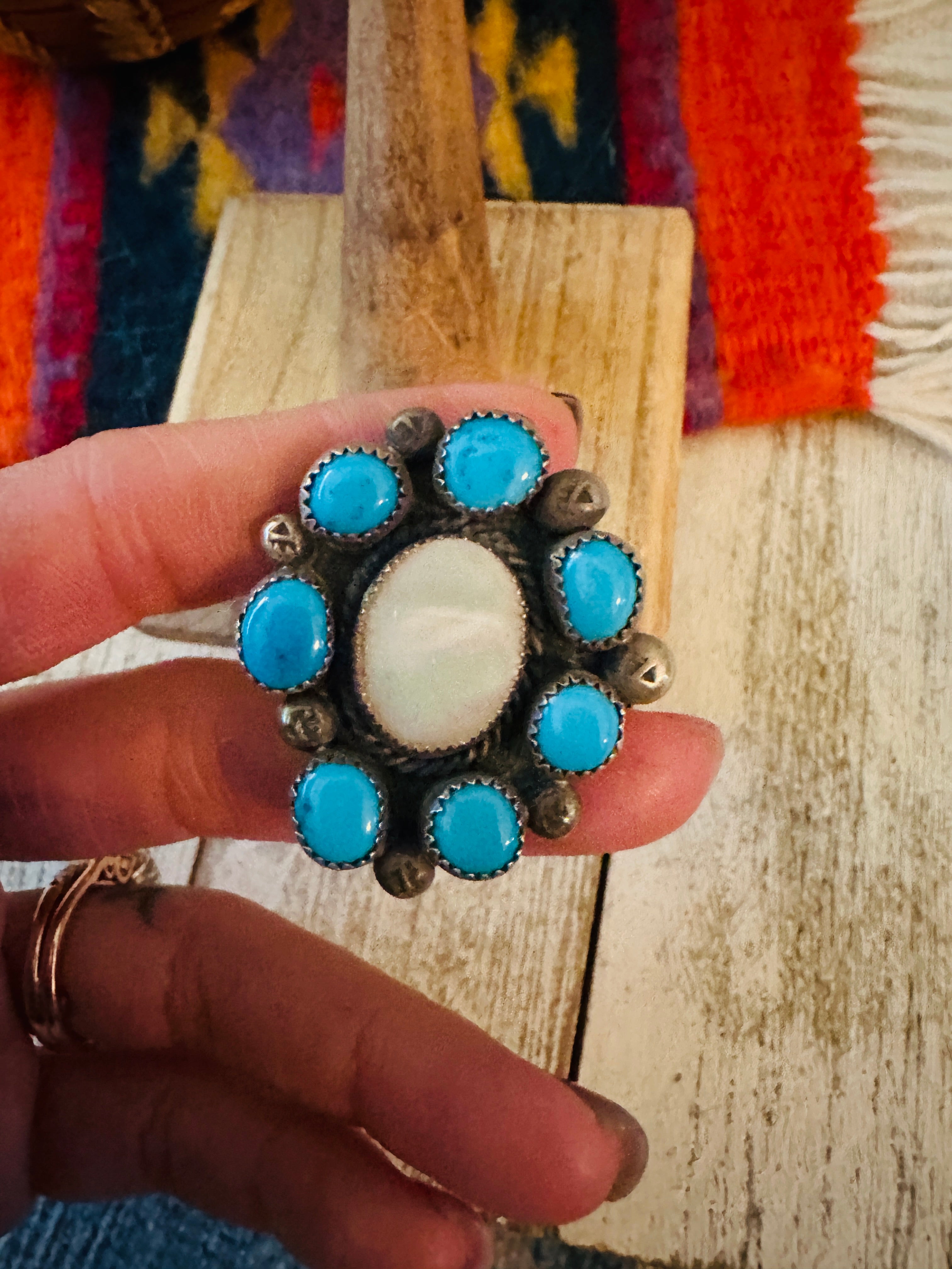 Navajo Sterling Silver, Turquoise & Mother of Pearl Cluster Ring Size 9.5