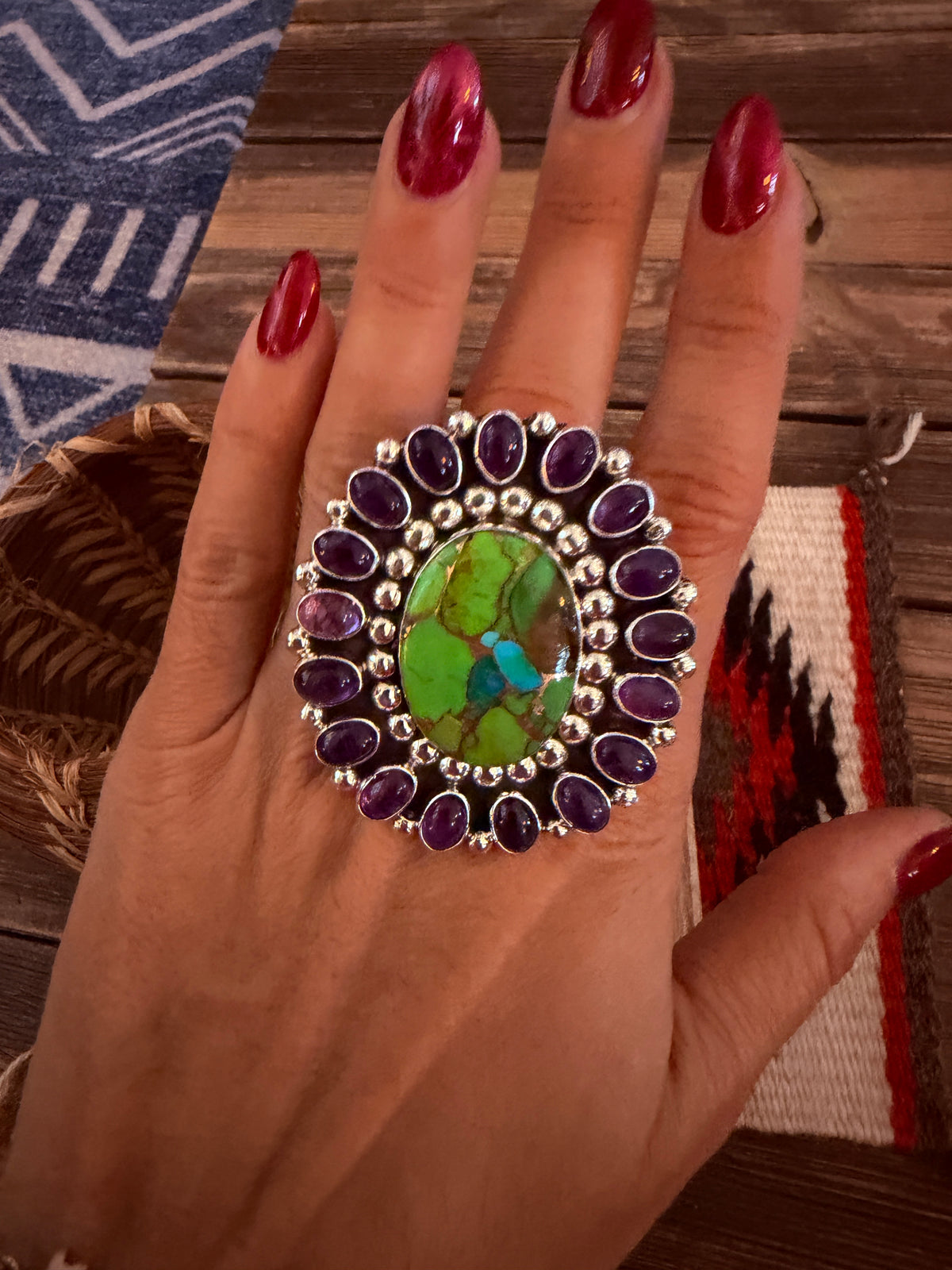 Handcrafted Mojave Turquoise, Amethyst & Sterling Silver Adjustable Cluster Ring