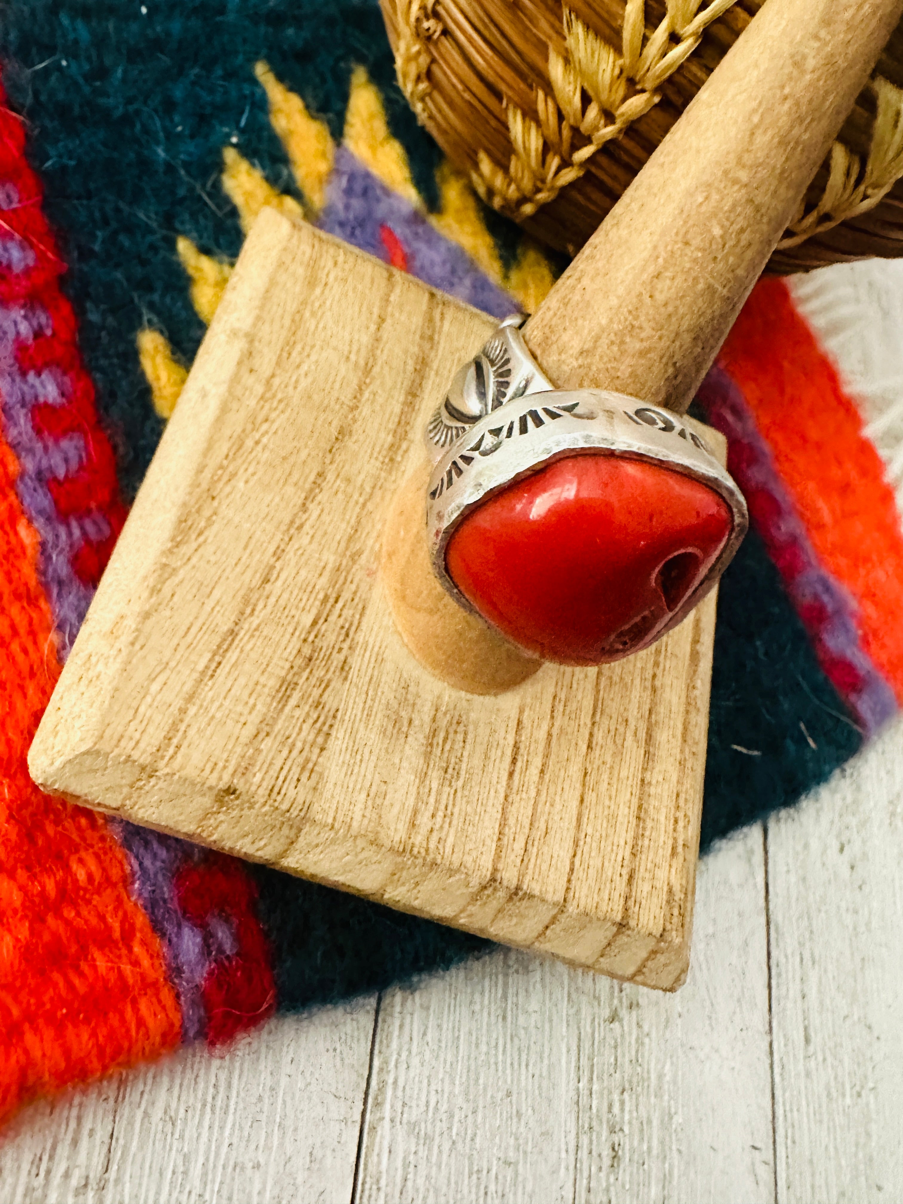 Navajo Coral & Sterling Silver Adjustable Ring by Russell Sam