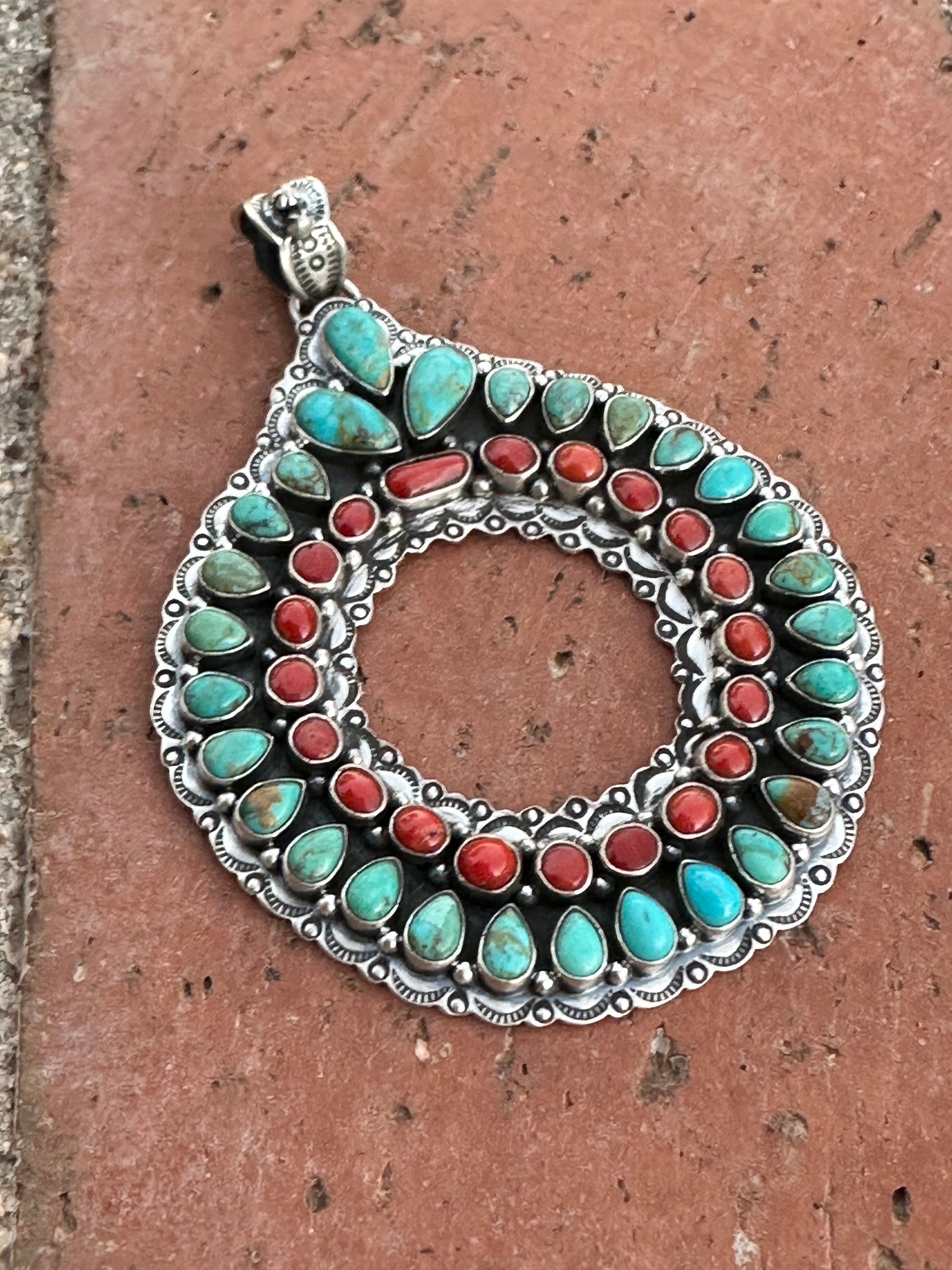 Handmade Sterling Silver, Coral & Kingman Turquoise Christmas Wreath Pendant