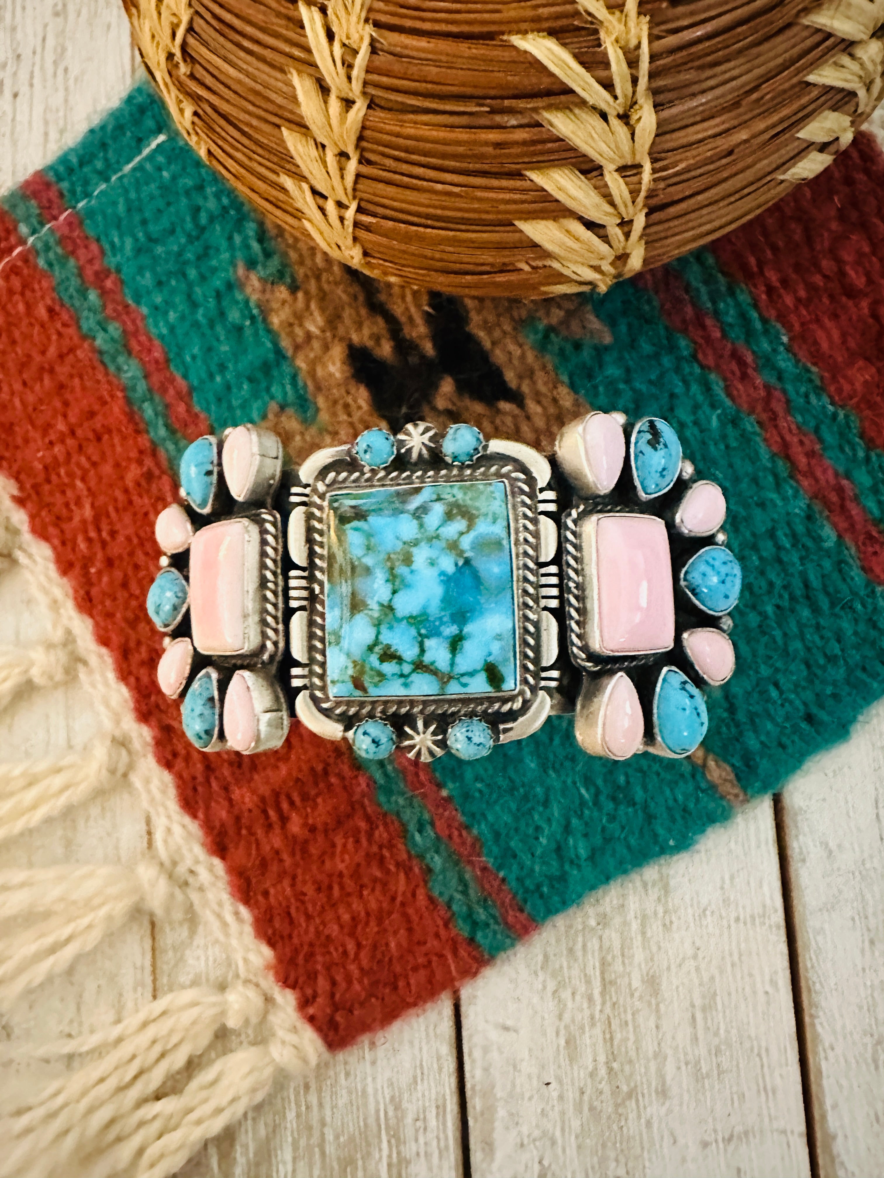 Navajo Sterling Silver, Turquoise & Queen Pink Conch Cuff Bracelet