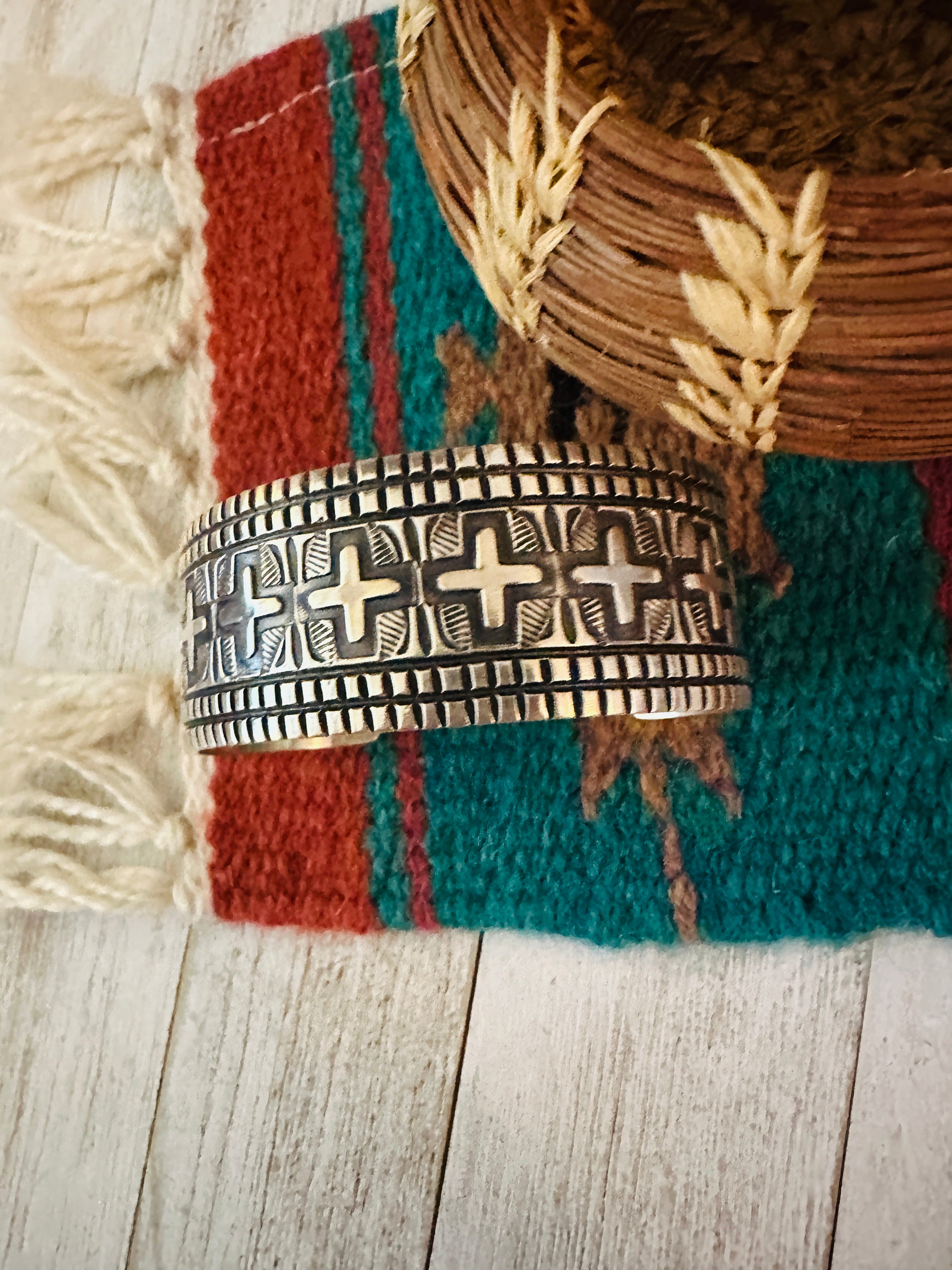 Navajo Hand Stamped Sterling Silver Cross Cuff Bracelet By Elvira Bill