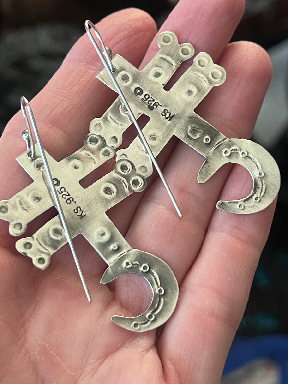 Hand Stamped Sterling Silver Dragonfly Cross Crescent Moon Dangle Earrings with Kingman Turquoise by Kimari Somers, Shaped Bars