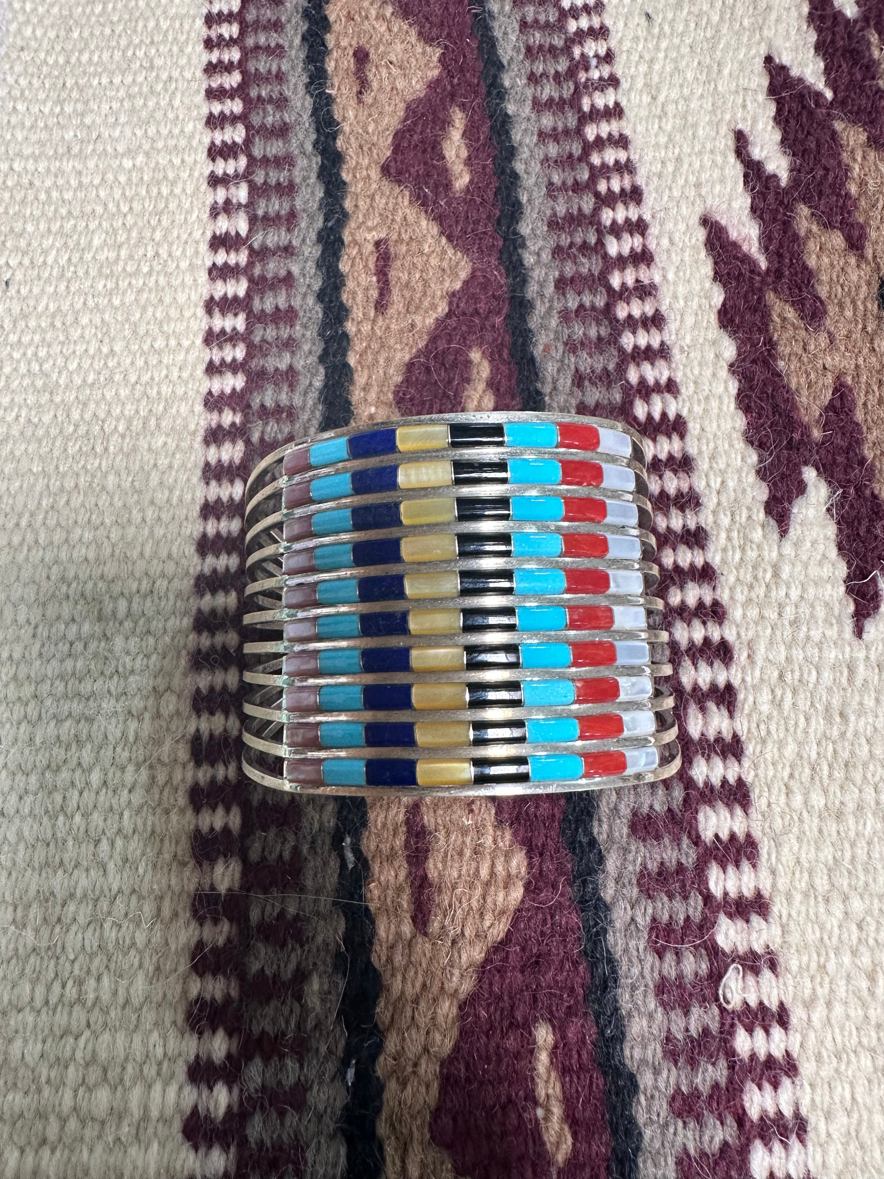 Navajo Multi Stone & Sterling Silver Inlay Cuff Bracelet Signed