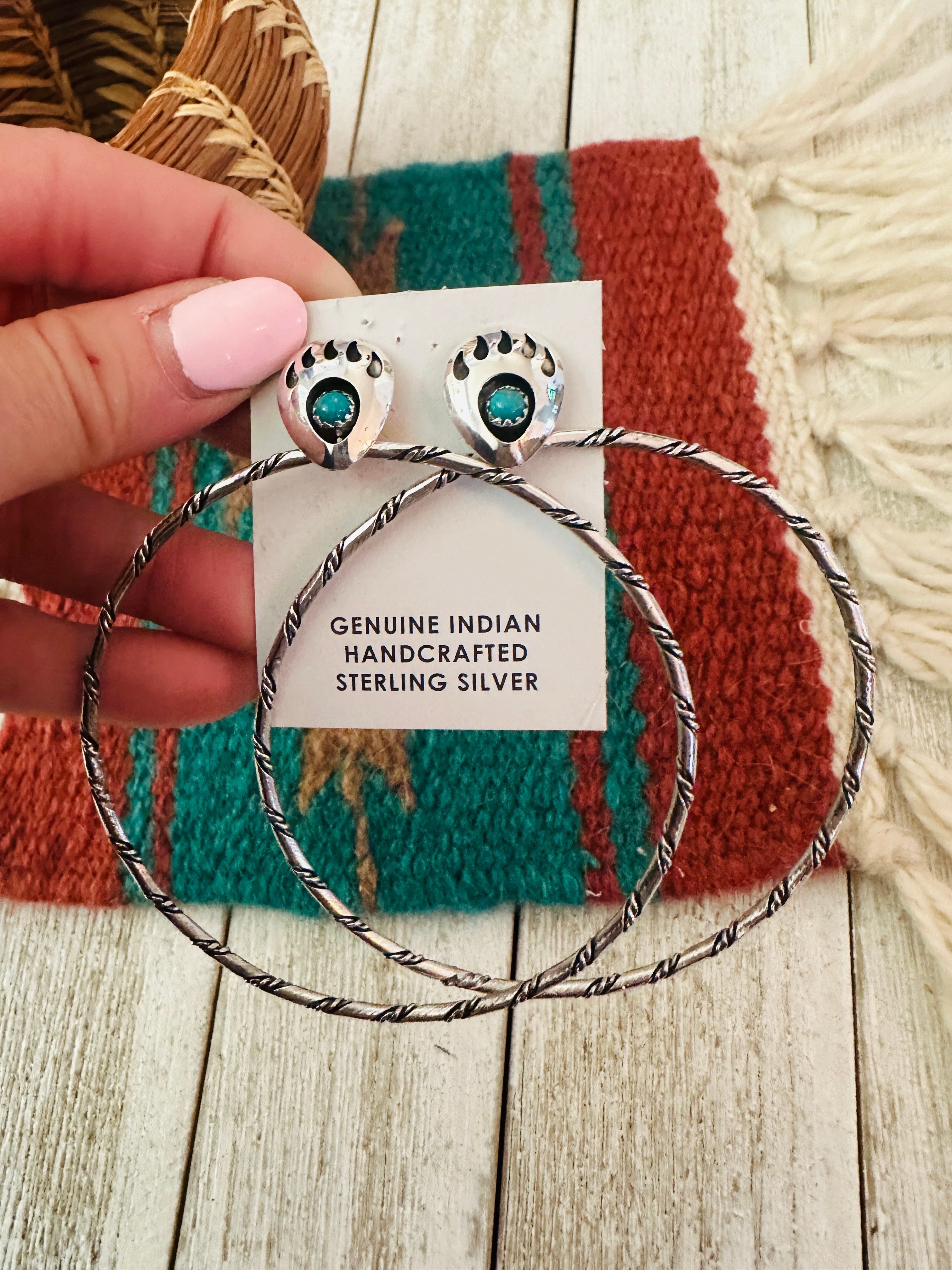 Handcrafted Turquoise & Sterling Silver Bear Paw Hoop Earrings