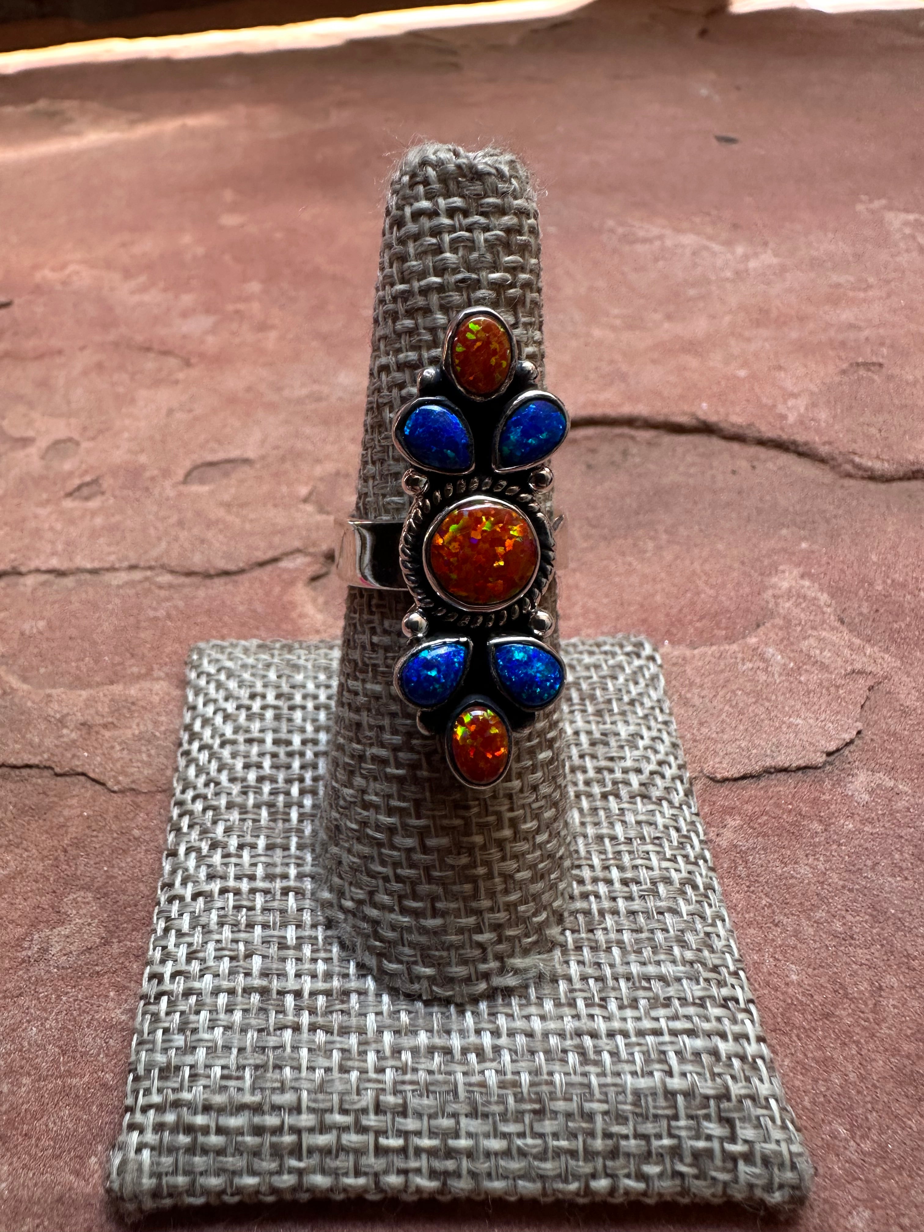 Handmade Blue & Orange Fire Opal And Sterling Silver Adjustable Ring