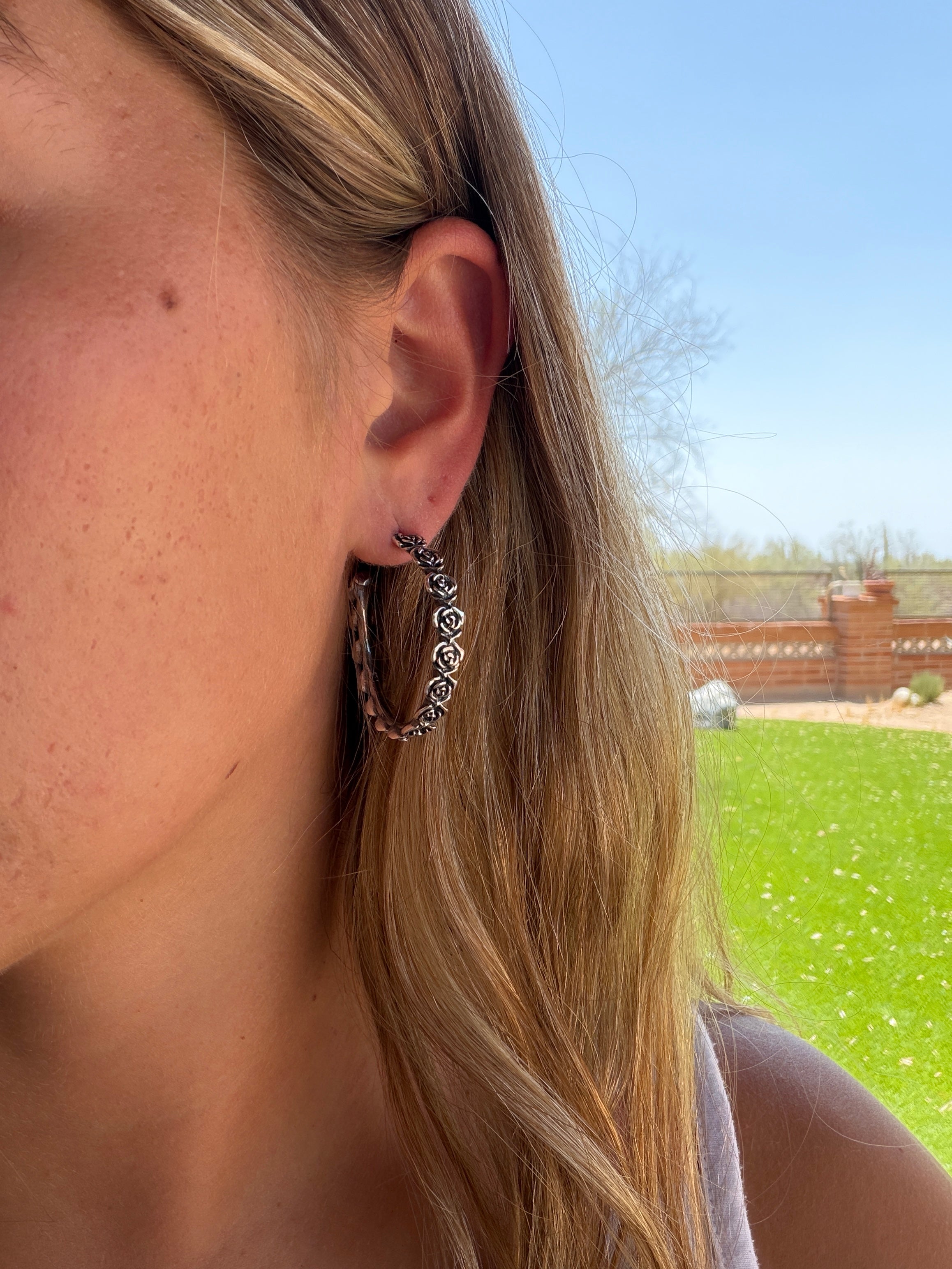 Sterling Silver Rose Hoop Earrings