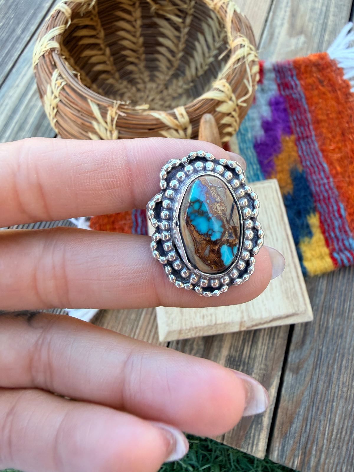 Handcrafted Royston Turquoise & Sterling Silver Ring 6 by Rosella Paxson
