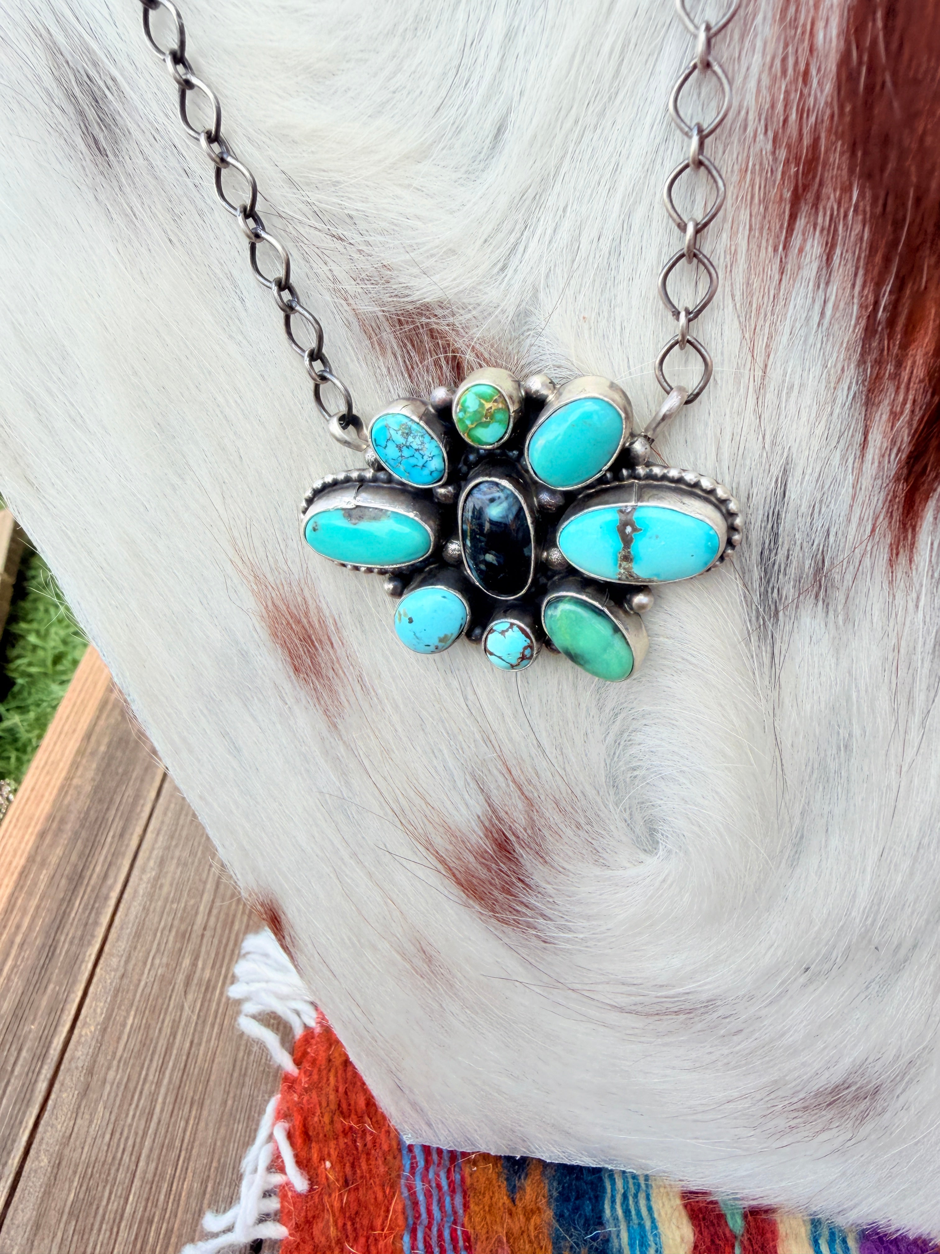 Handcrafted Turquoise & Sterling Silver Cluster Necklace by Travis Jim