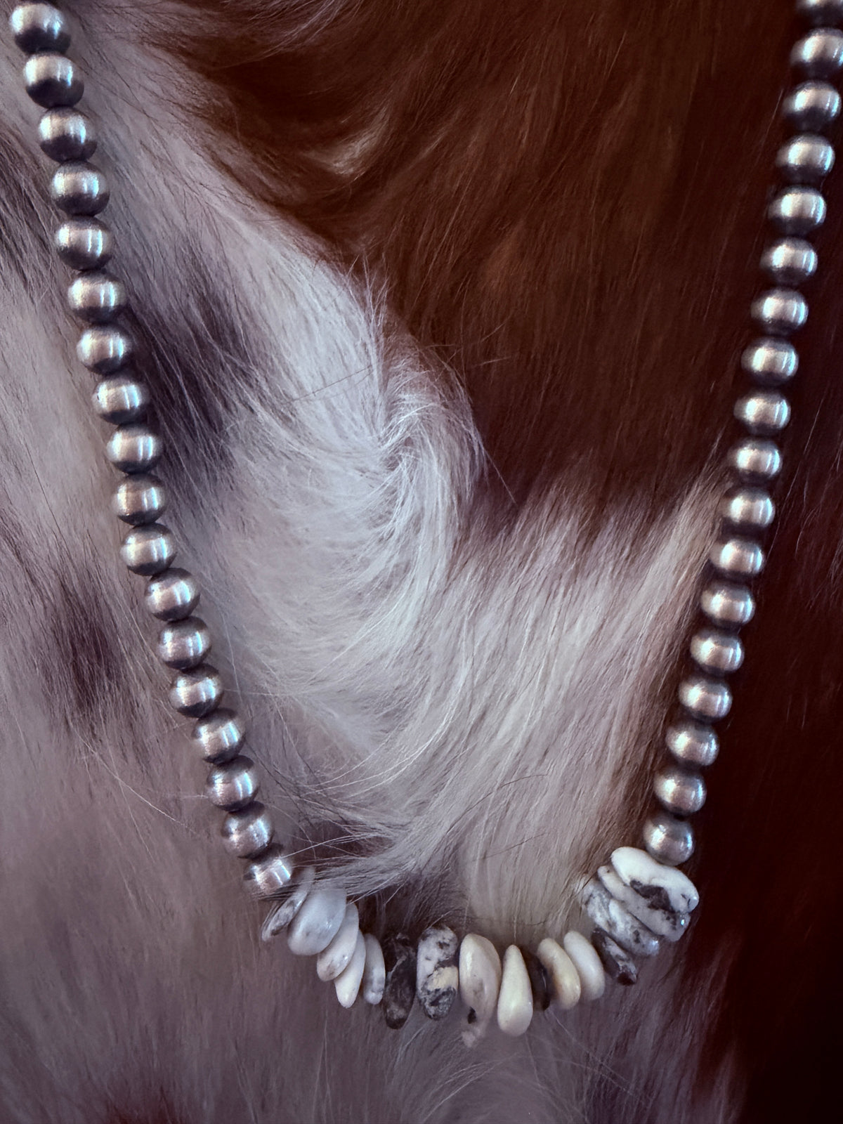 Handcrafted White Buffalo & Sterling Silver Pearl 20” Beaded Necklace