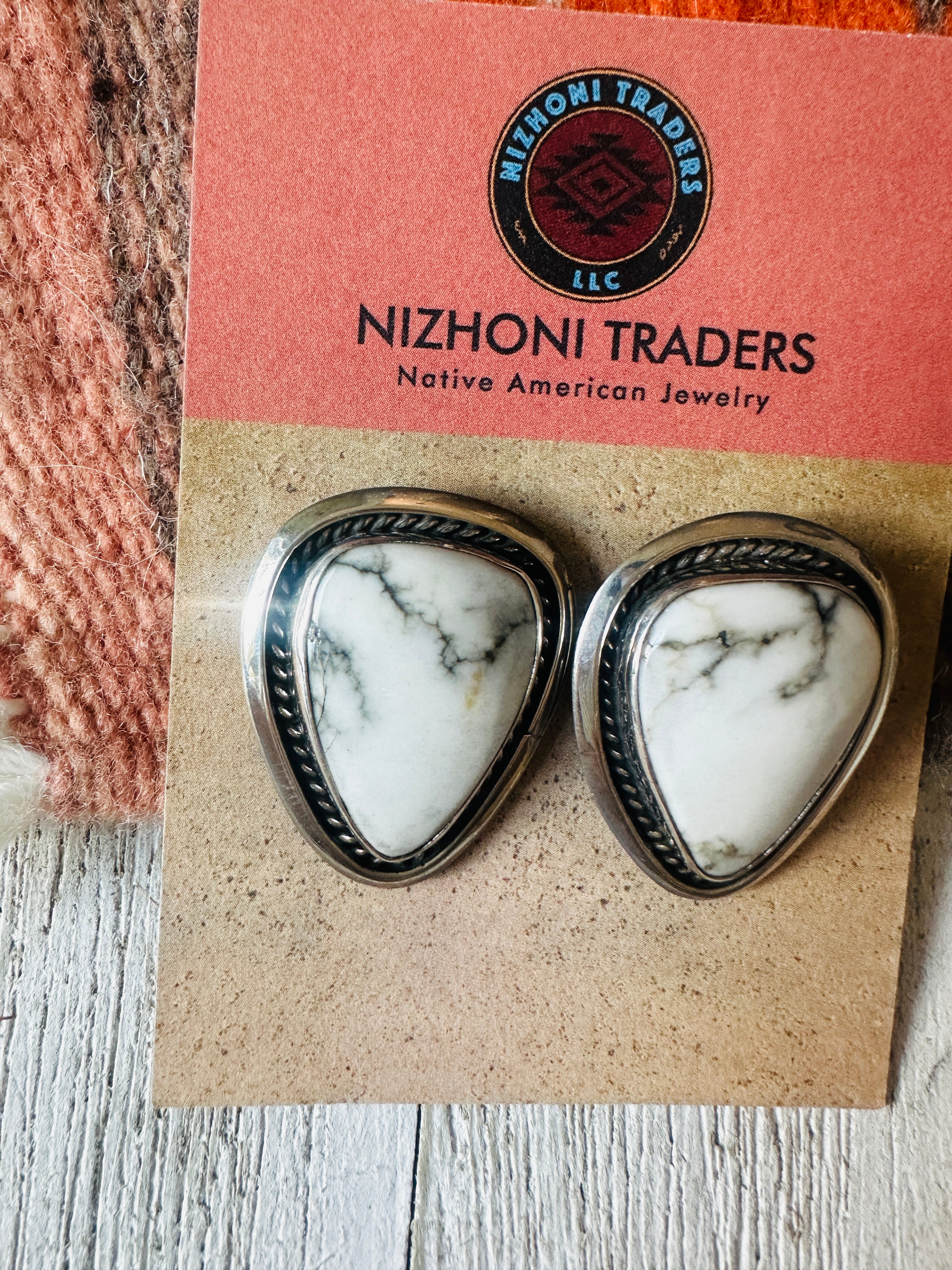 Navajo White Buffalo & Sterling Silver Post Earrings