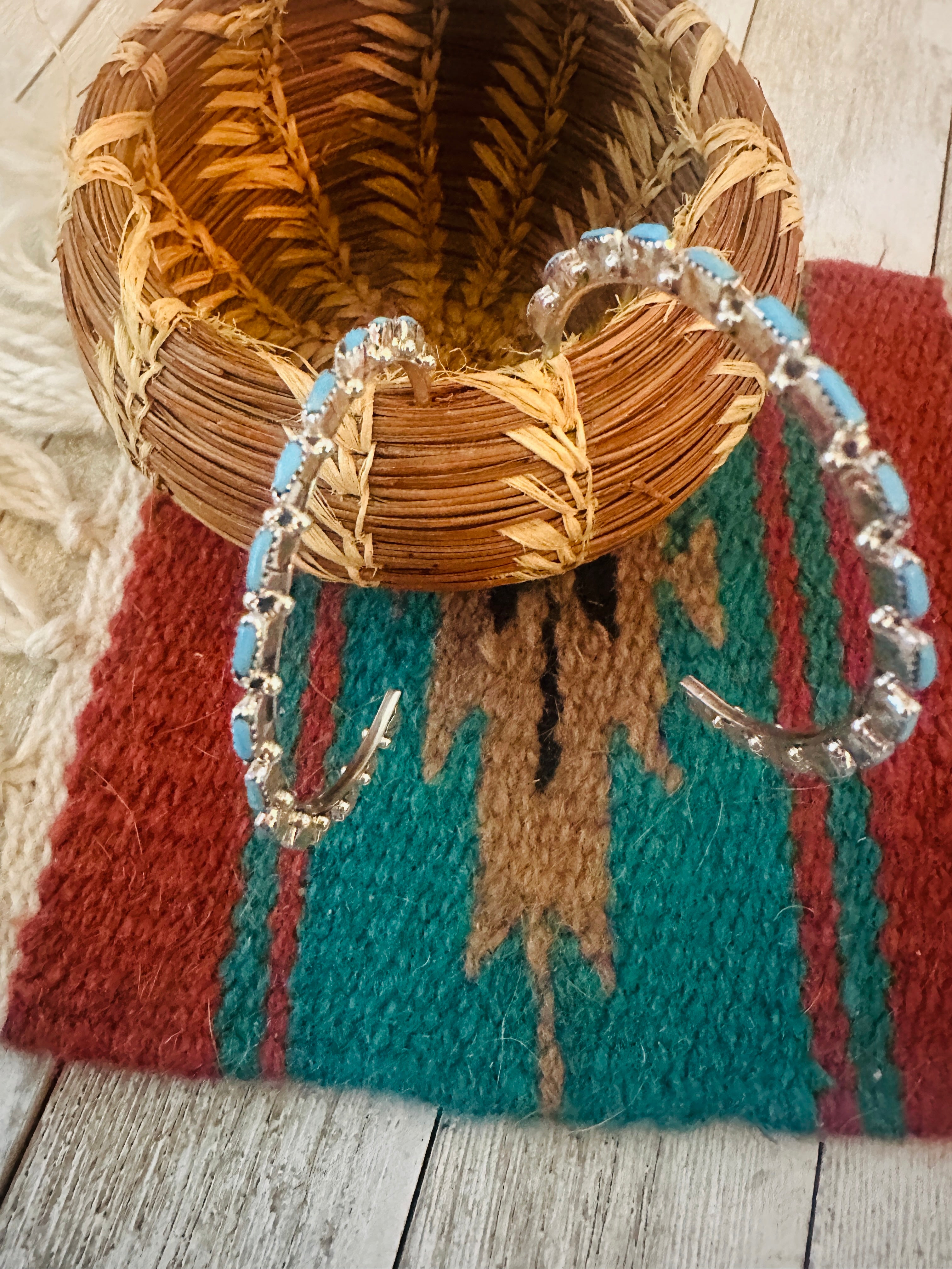 Handcrafted Turquoise & Sterling Silver Needlepoint Hoop Earrings