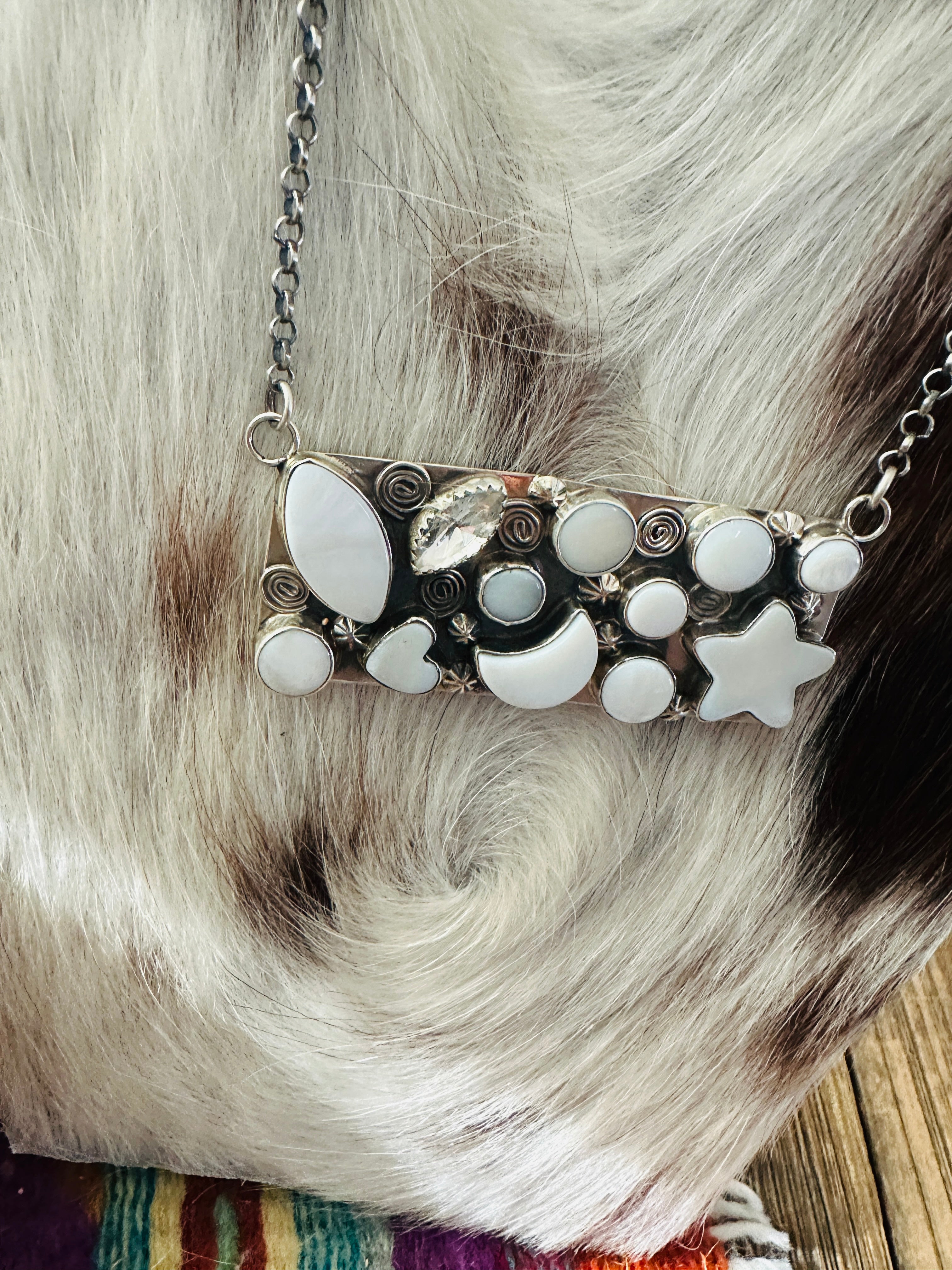 Handcrafted Mother of Pearl, CZ & Sterling Silver Bar Necklace by Jacqueline Silver