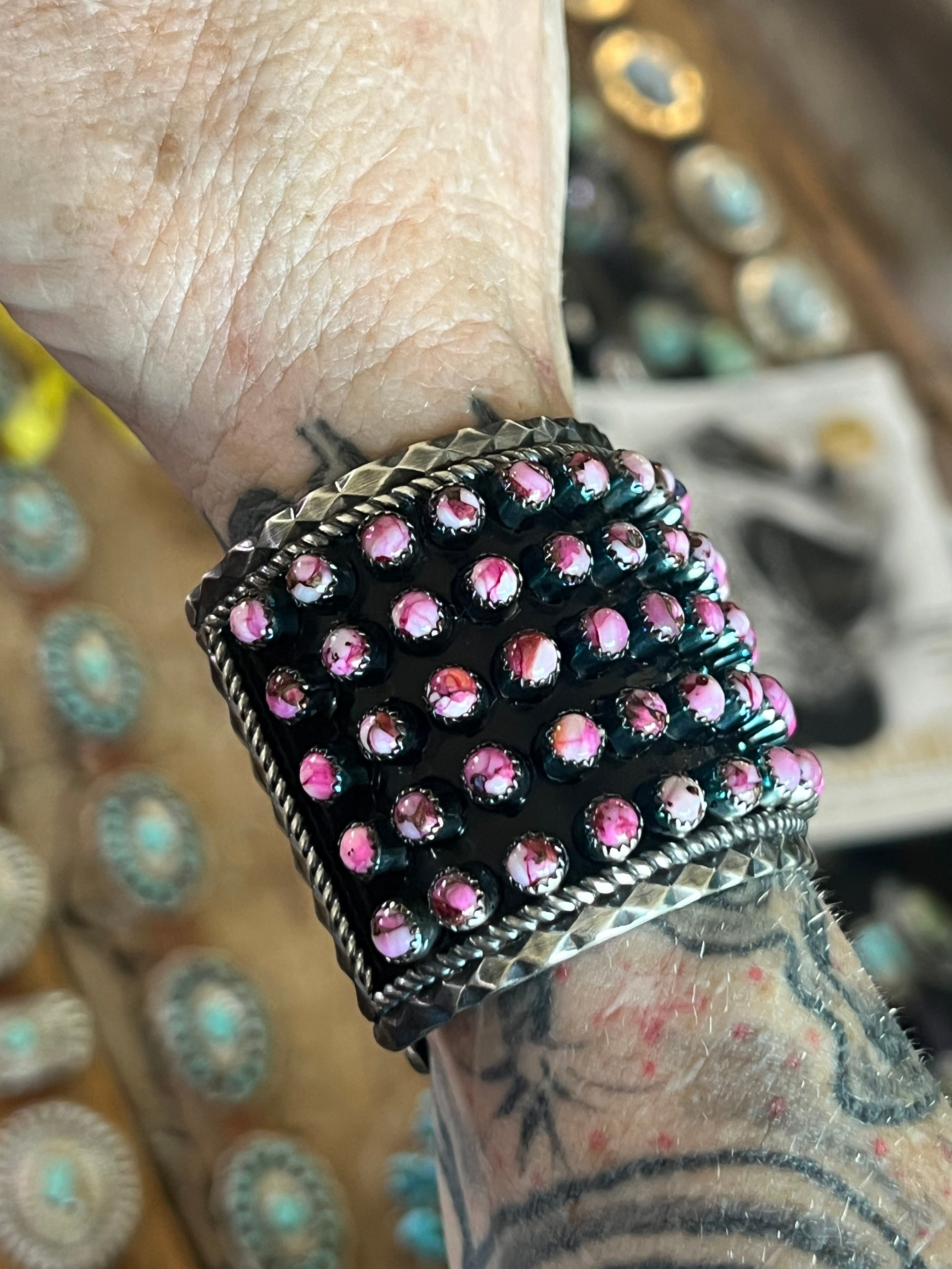 Handcrafted Sterling Silver and Pink Dream Mohave Snake Eye Style Five Row Cuff Bracelet, Signed BJ /