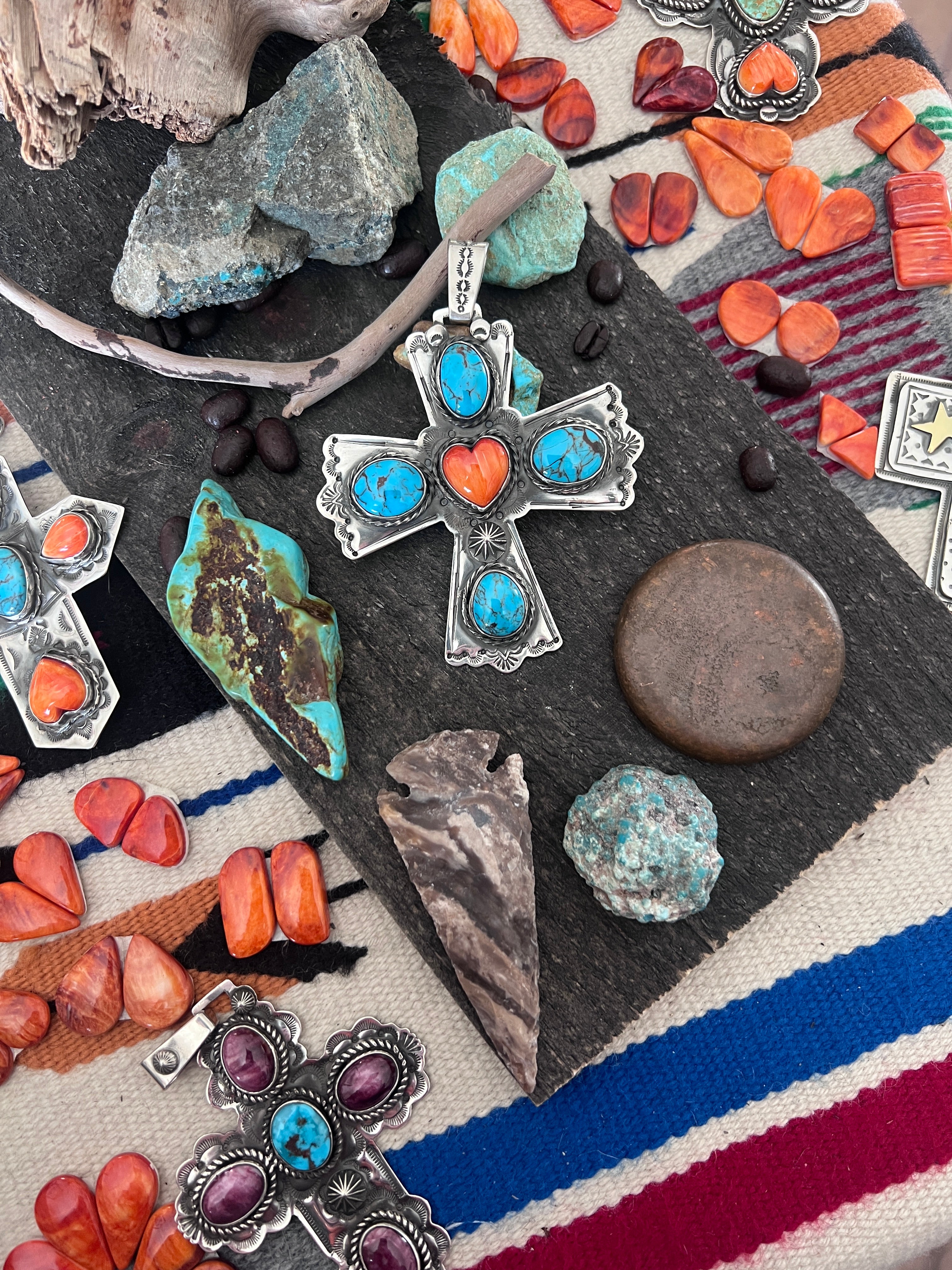 Hand Stamped Sterling Silver, Egyptian Turquoise & Spiny Oyster Cross Pendant by Kimari Somers
