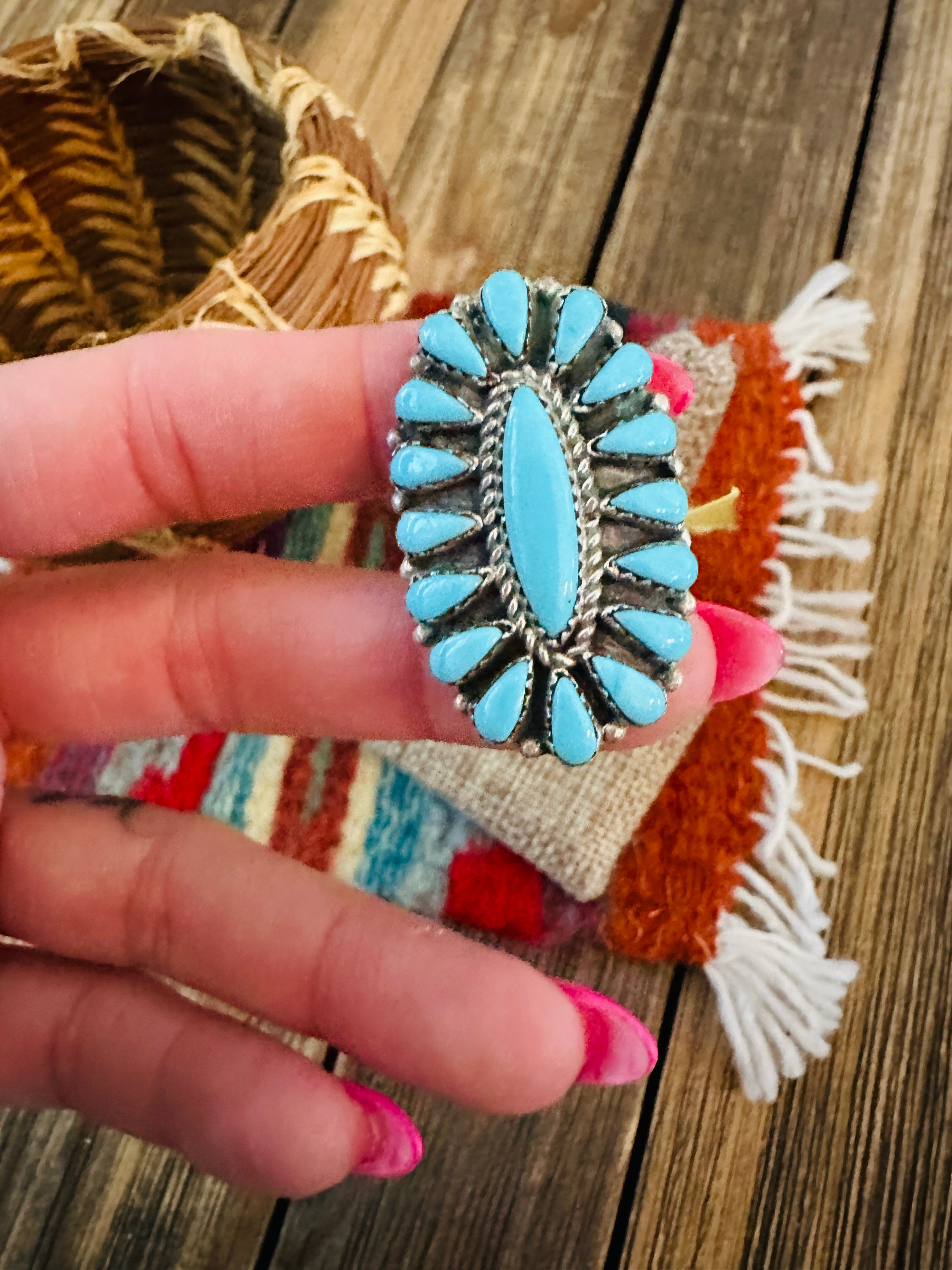 Old Pawn Handcrafted Turquoise & Sterling Silver Cluster Ring Size 8.5