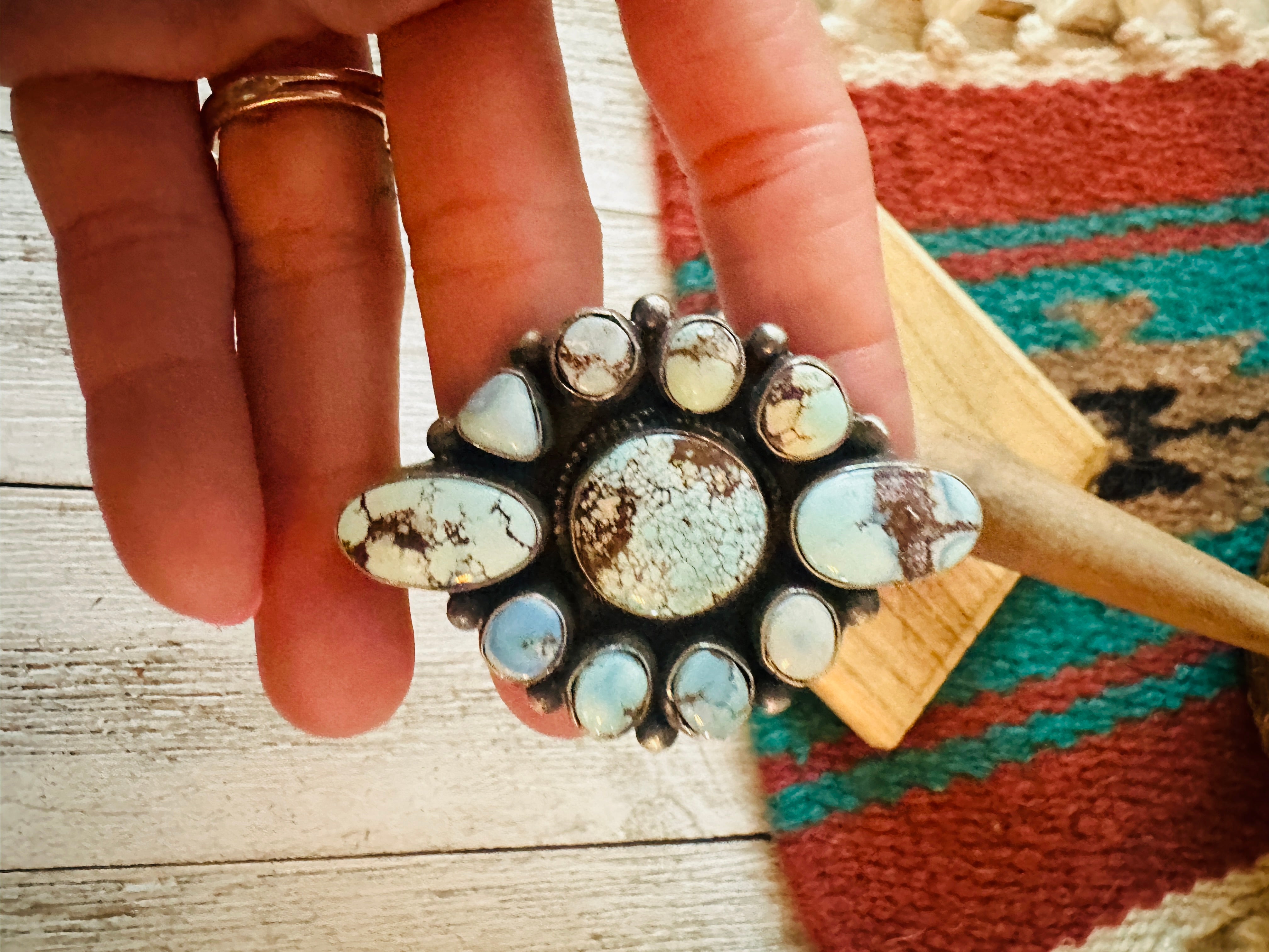 Navajo Golden Hills Turquoise & Sterling Silver Cluster Ring Size 7