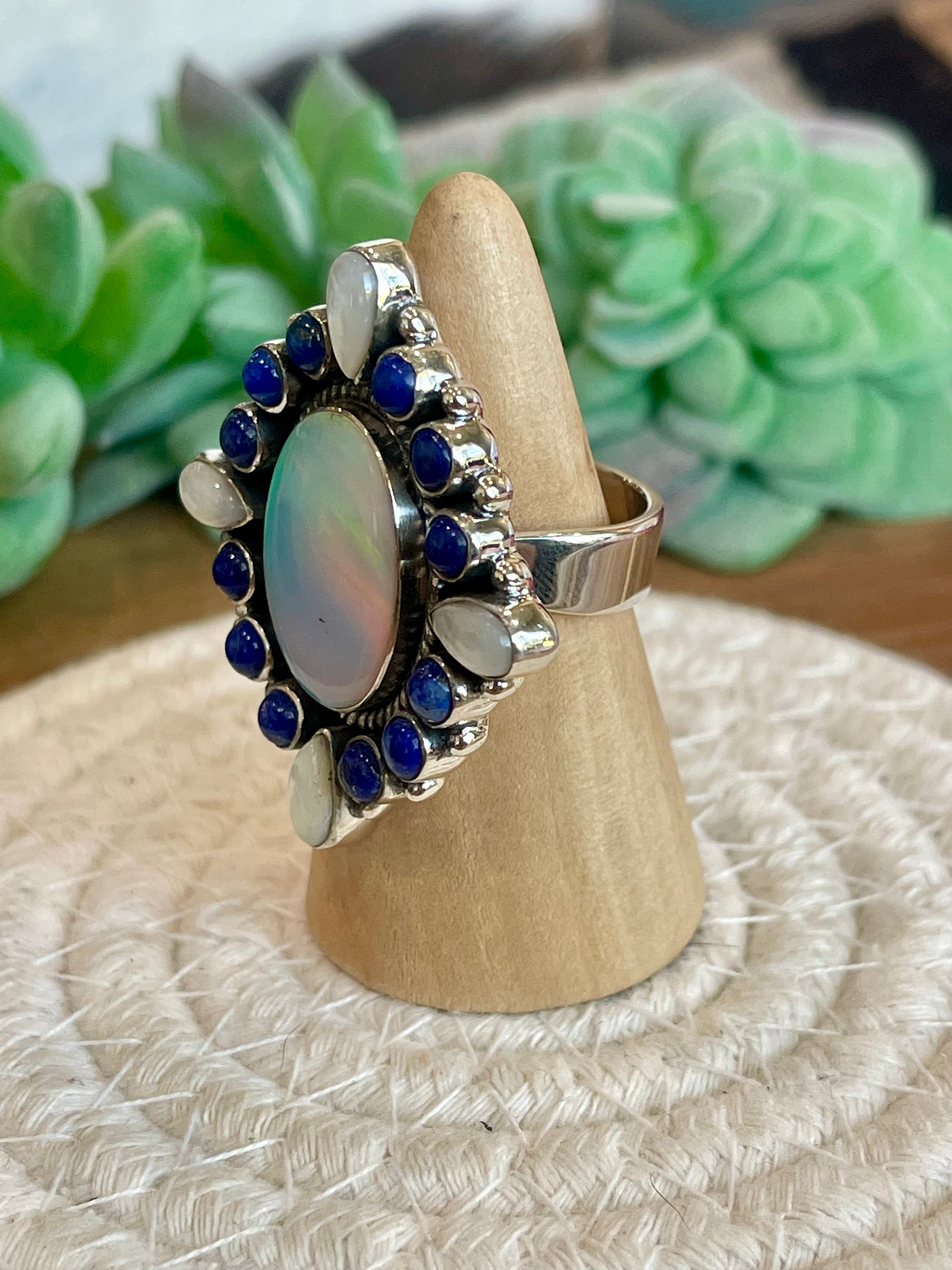 Handmade Opal, Mother Of Pearl, Lapis And Sterling Silver Adjustable Ring Signed Nizhoni