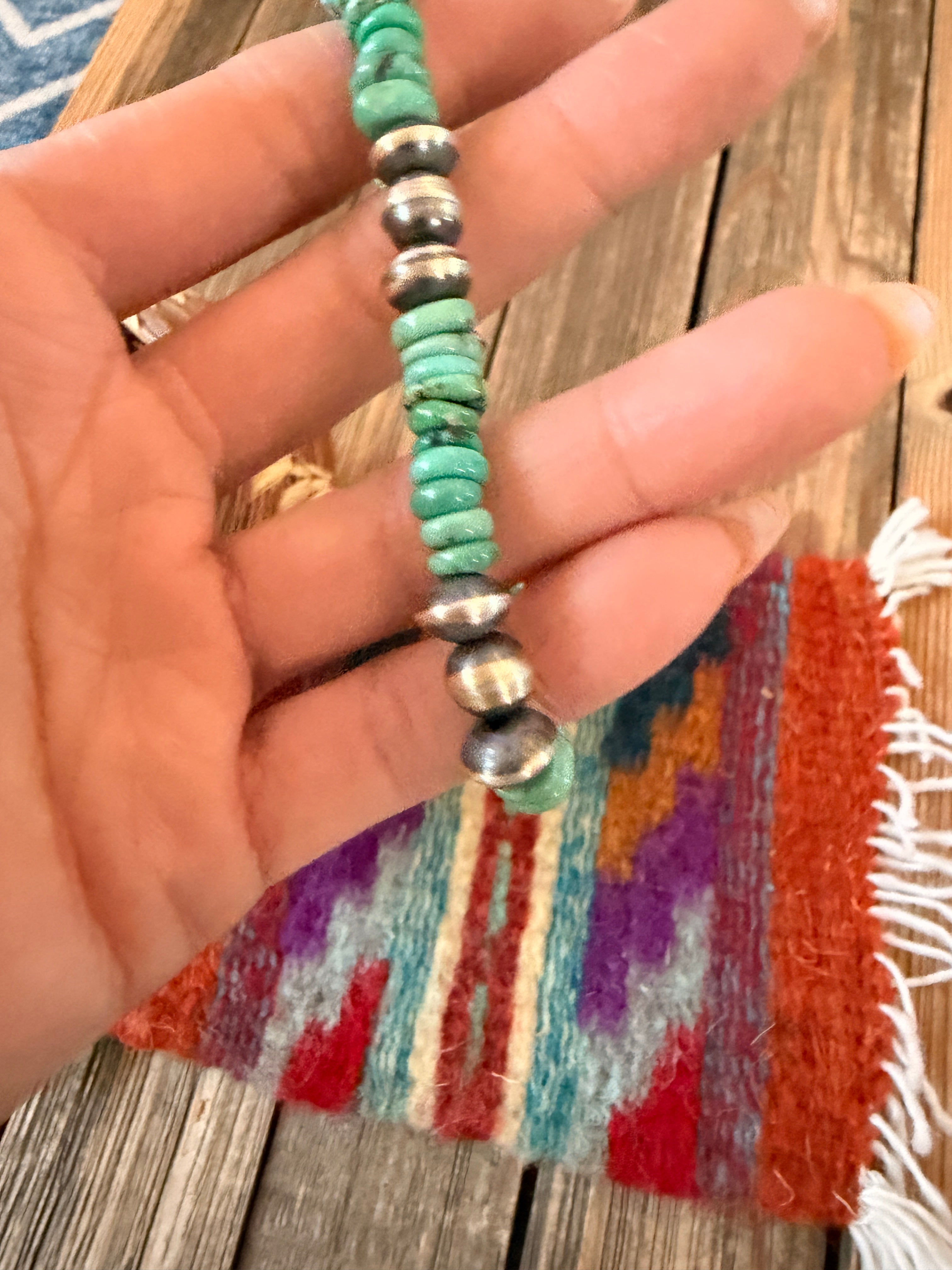 Handcrafted Turquoise & Sterling Silver Beaded Stretch Bracelet