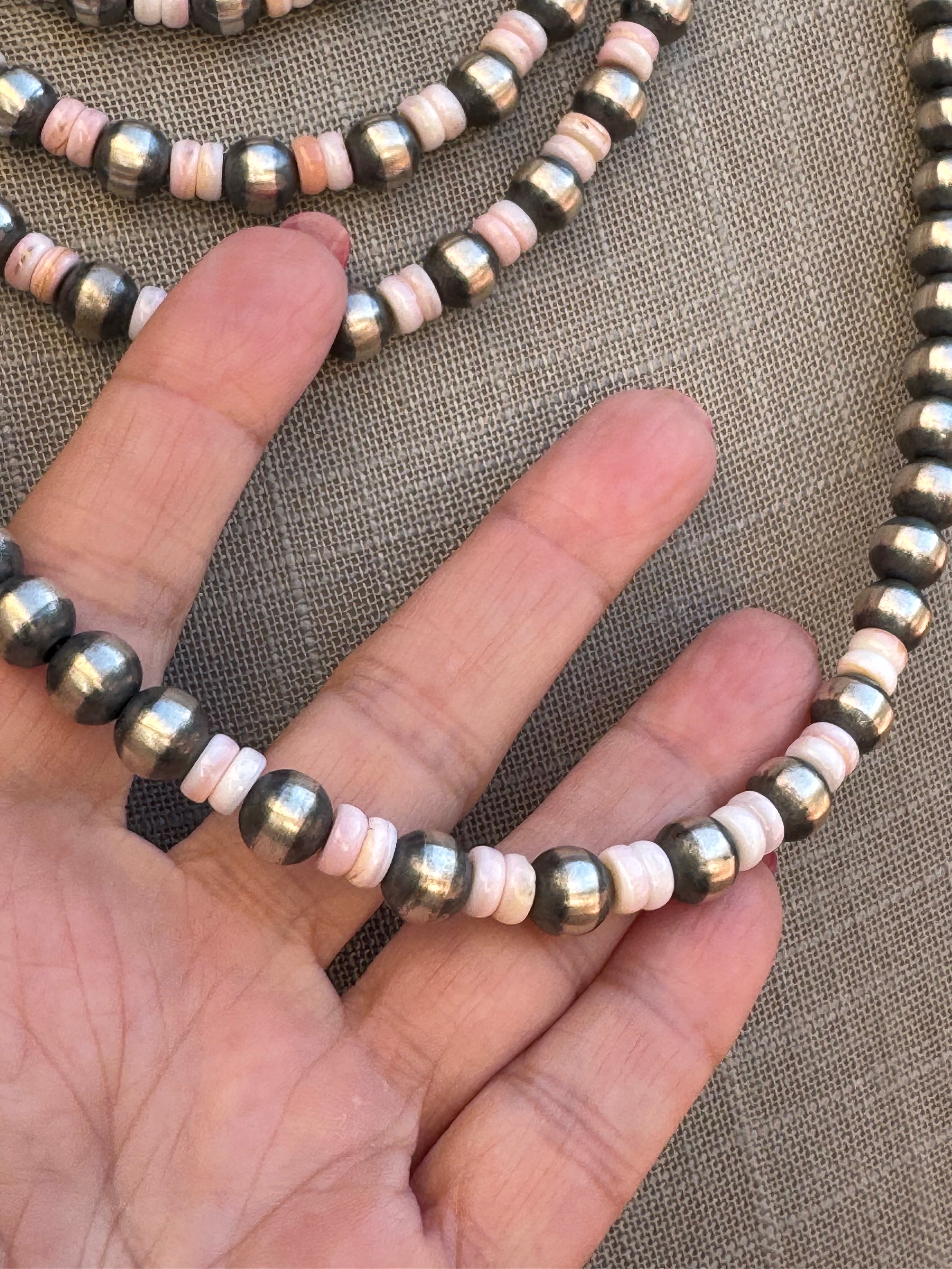 Handcrafted  Sterling Silver Pearl & Queen Pink Conch Beaded Necklace 8mm