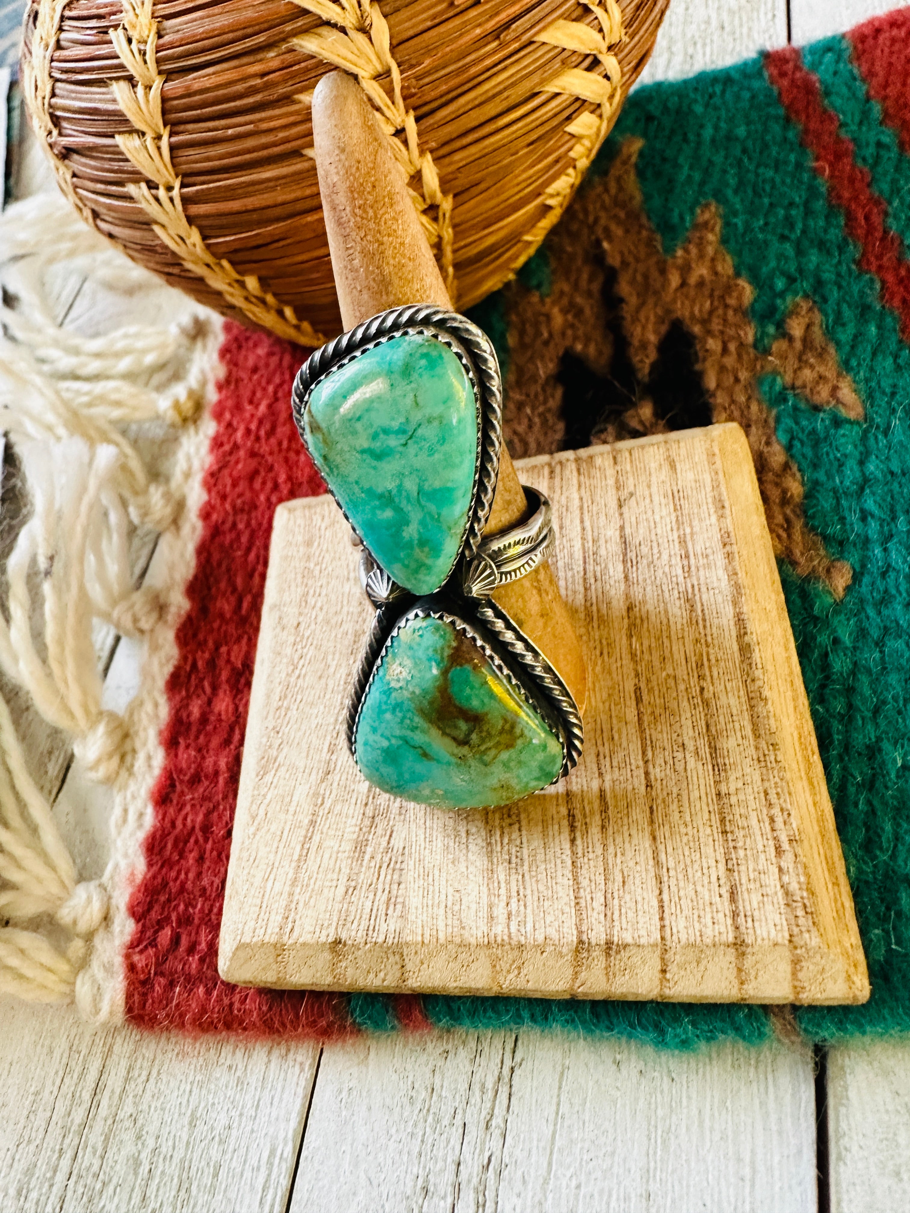 Navajo Kingman Turquoise & Sterling Silver Two Stone Adjustable Ring