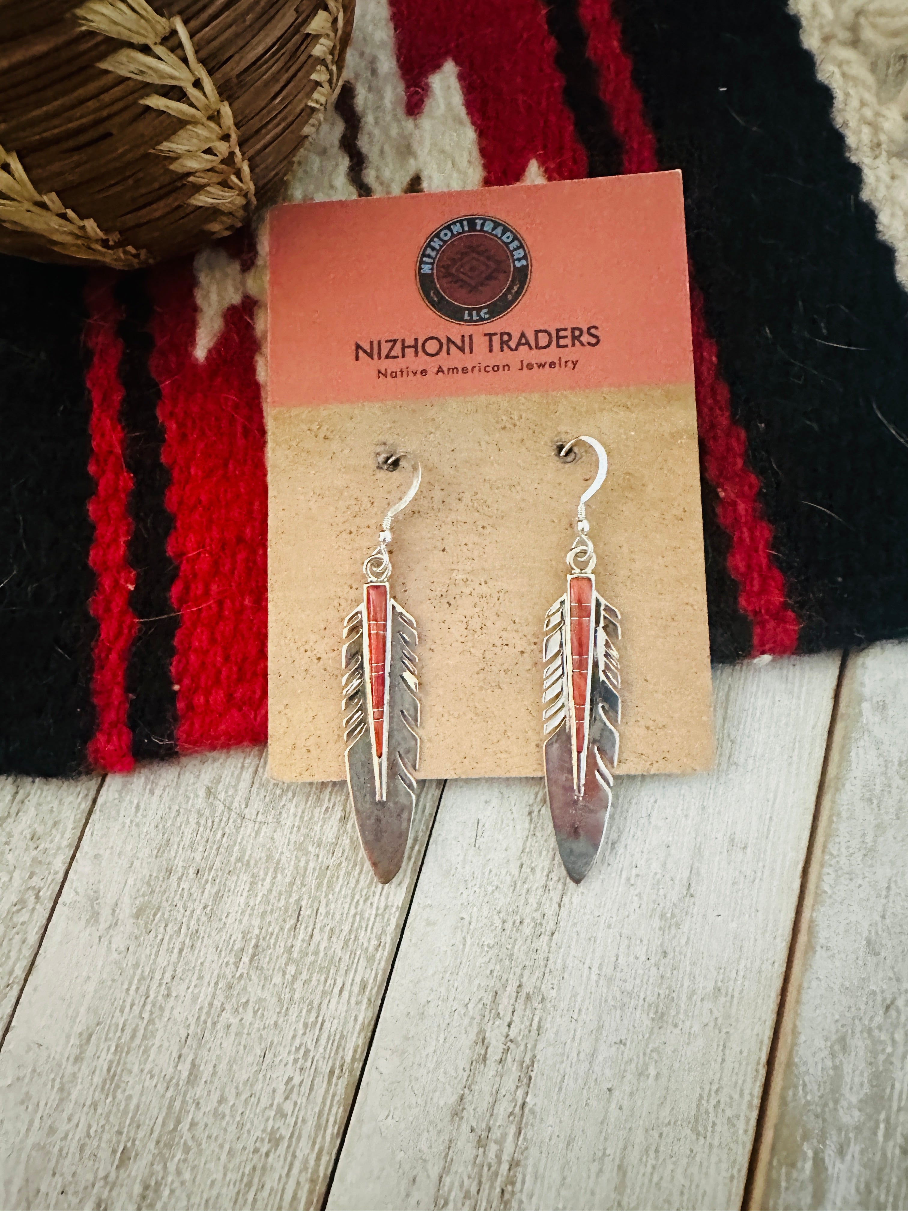 Navajo Spiny Oyster & Sterling Silver Feather Earrings