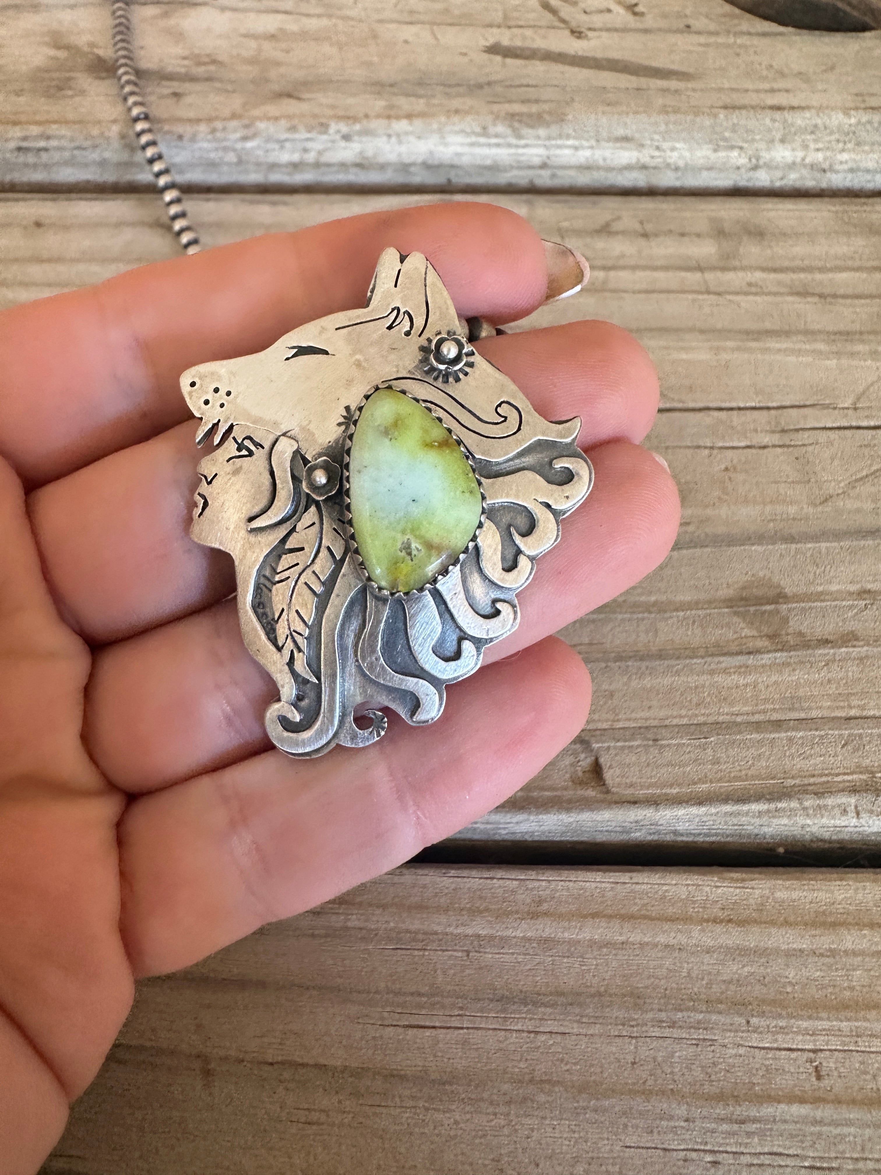 Beautiful Handmade Sterling Silver & Palomino Turquoise Whispering Dog Pendant