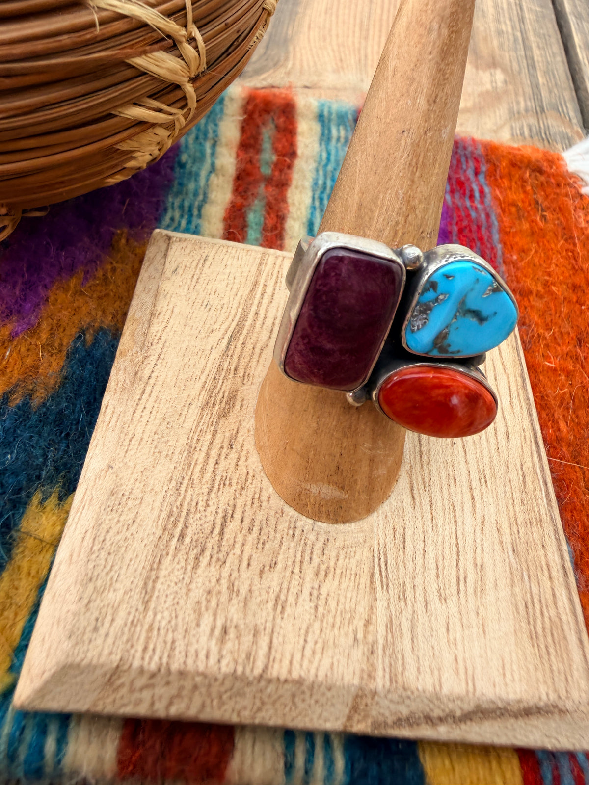Handcrafted Spiny Oyster, Turquoise & Sterling Silver Adjustable Cluster Ring by Robert Livingston