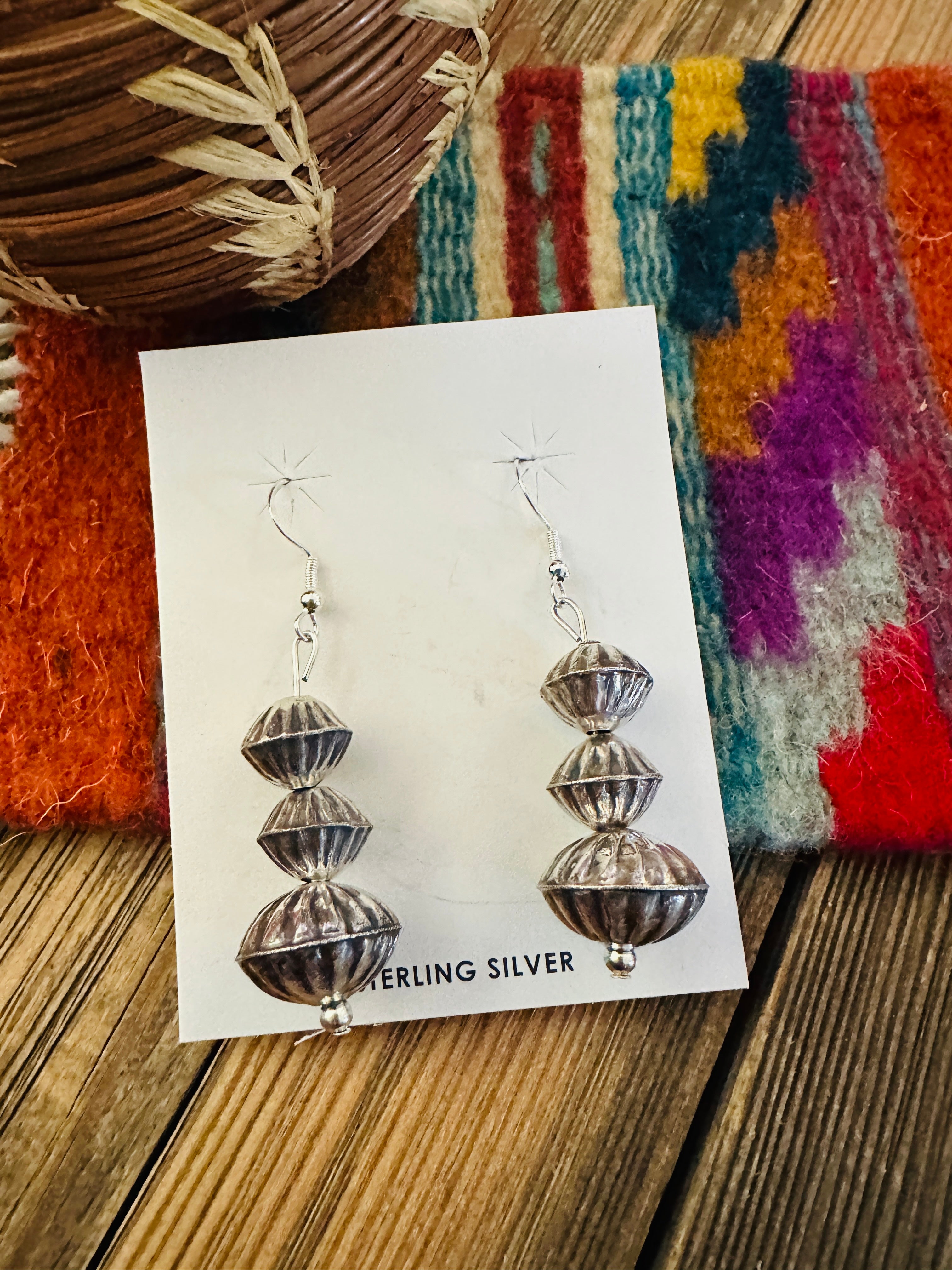 Hand Stamped Sterling Silver Beaded Dangle Earrings