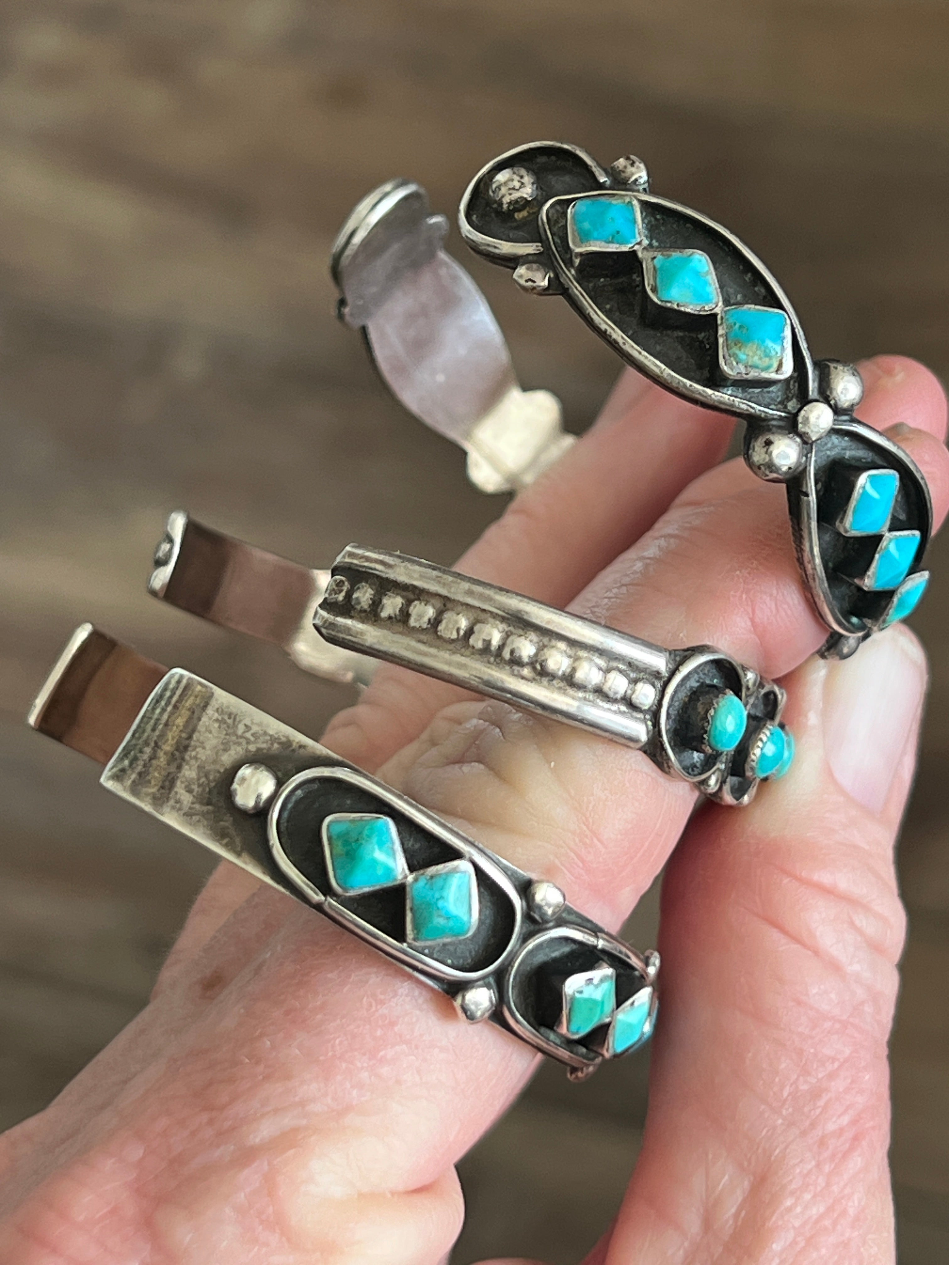 Handcrafted Vintage Sterling Silver and Four Diamond Turquoise Panel Stacker Cuff Bracelet