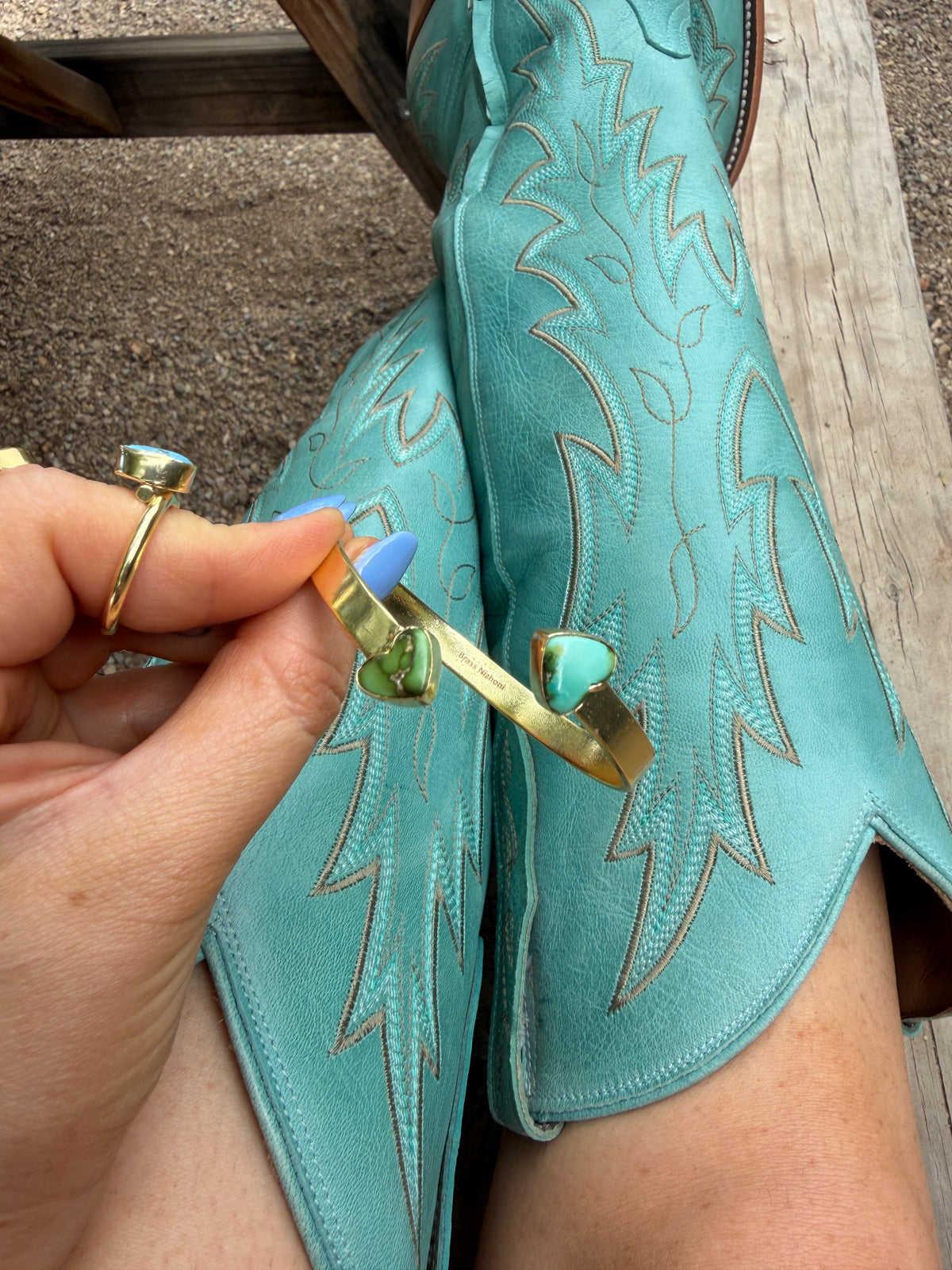 “The Golden Collection” Painted Desert Handmade Natural Sonoran Mountain Turquoise Gold Plated Adjustable Bracelet Cuff STYLE 2