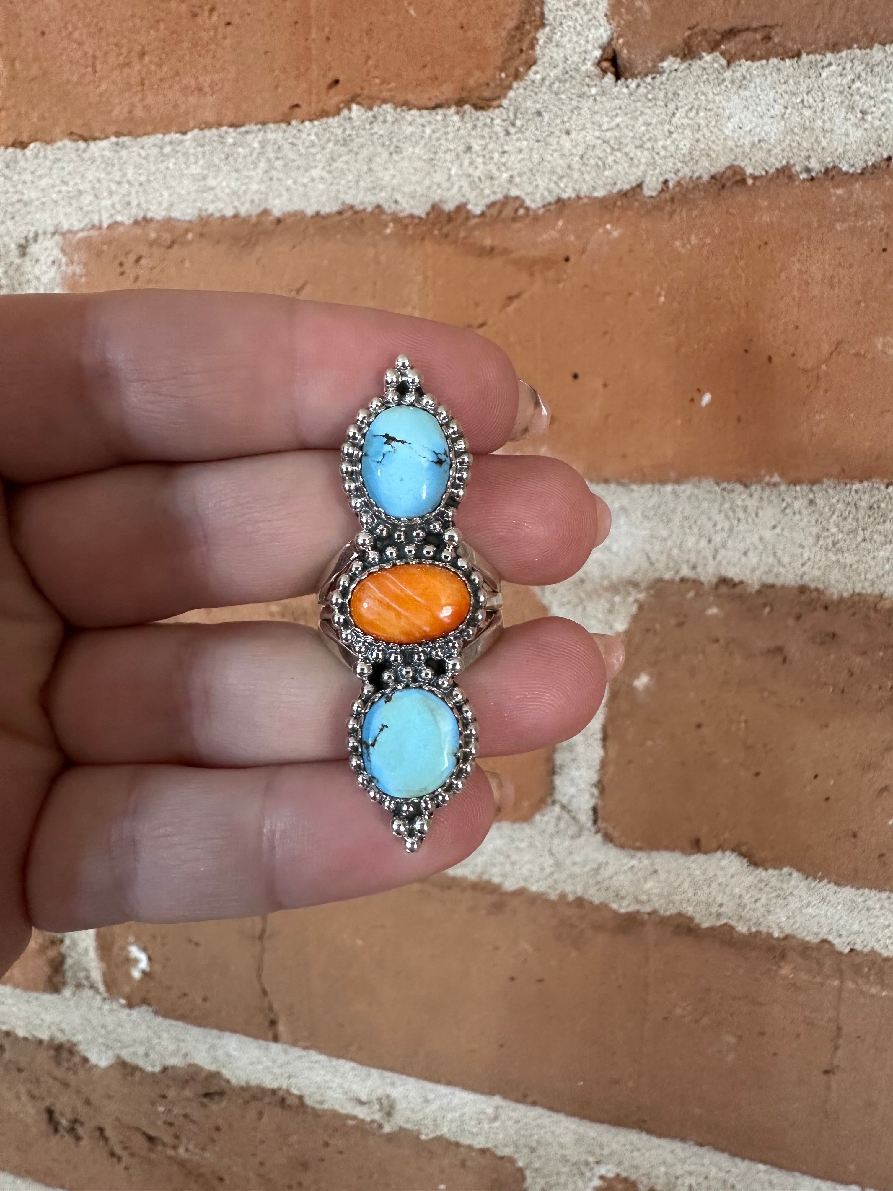 Nizhoni Handmade Golden Hills Turquoise, Orange Spiny & Sterling Silver 3 Stone Ring SIZE 9