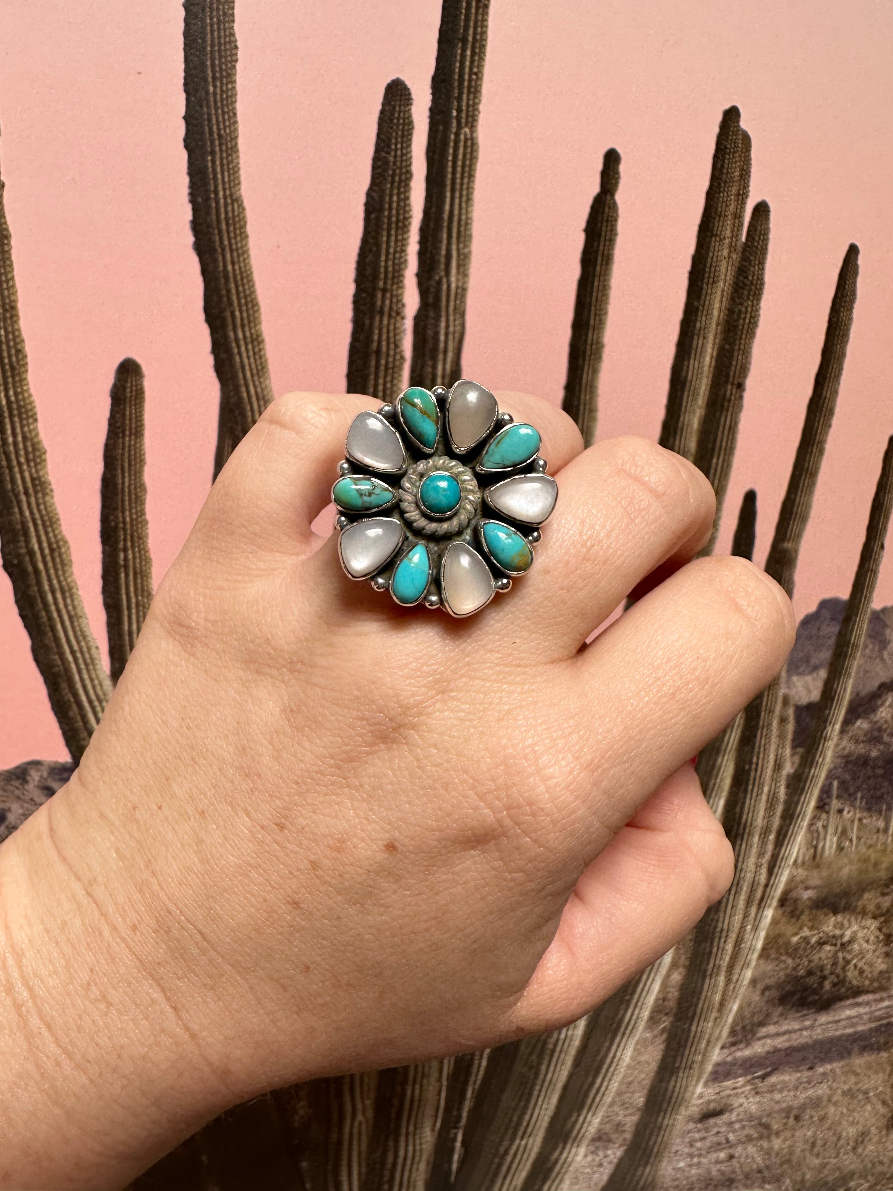 Beautiful Handmade Mother of Pearl, Turquoise And Sterling Silver Adjustable Cluster Ring