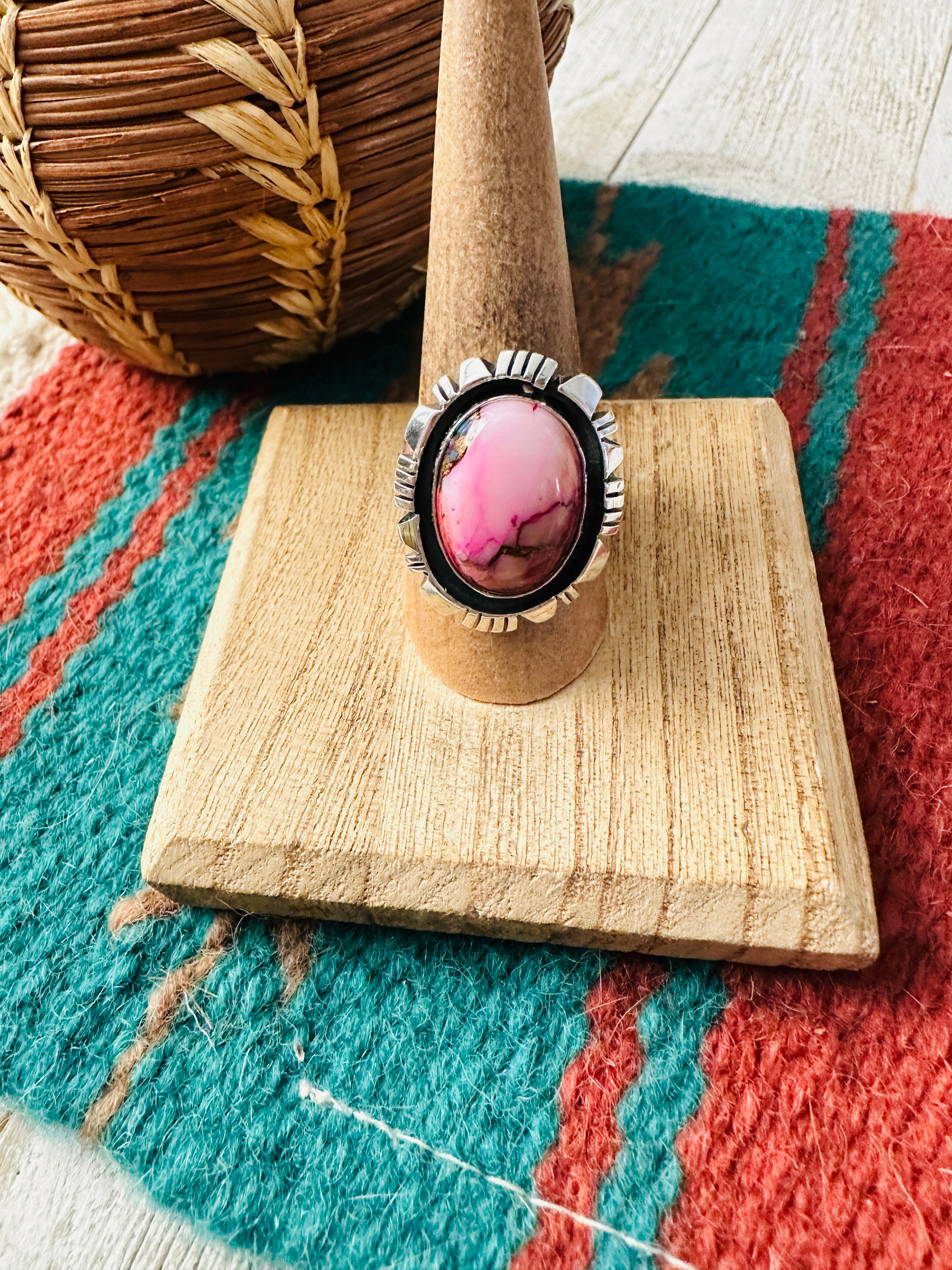 Navajo Sterling Silver & Pink Dream Mojave Adjustable Ring