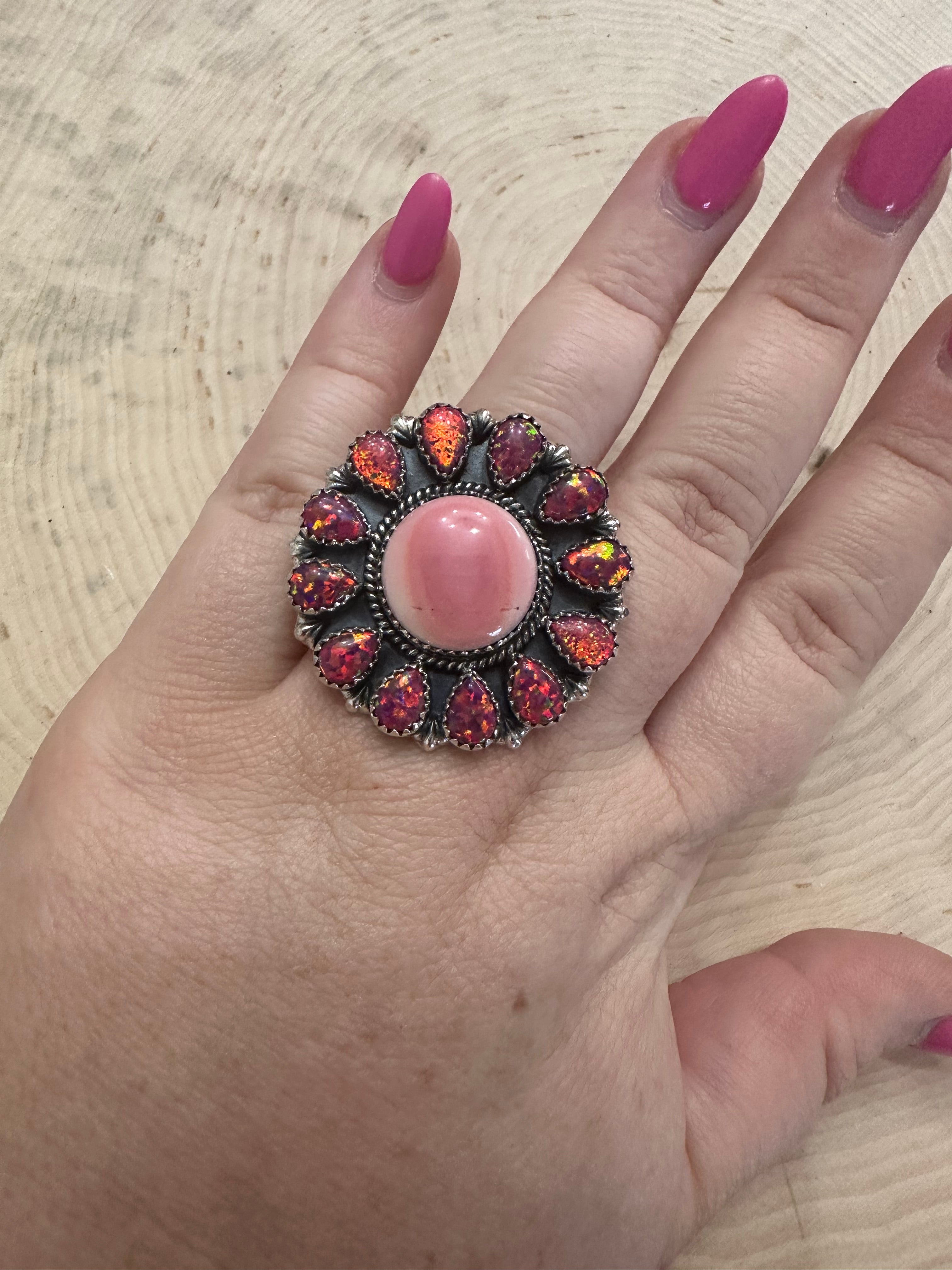 Handmade Pink Conch, Dark Pink Fire Opal And Sterling Silver Adjustable Ring Signed Nizhoni